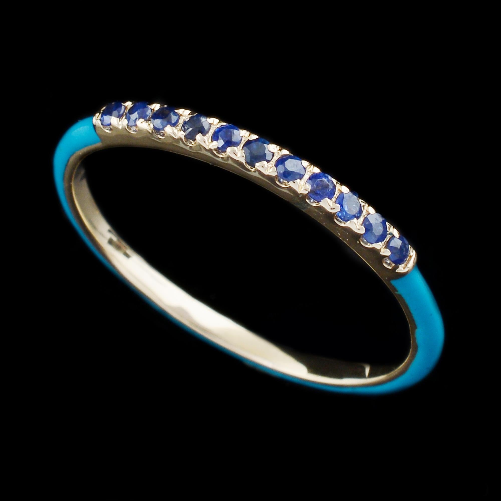 Real Blue Sapphire Gemstone Blue Enamel Half Eternity Band Ring 14Kt Yellow Gold For Sale 2