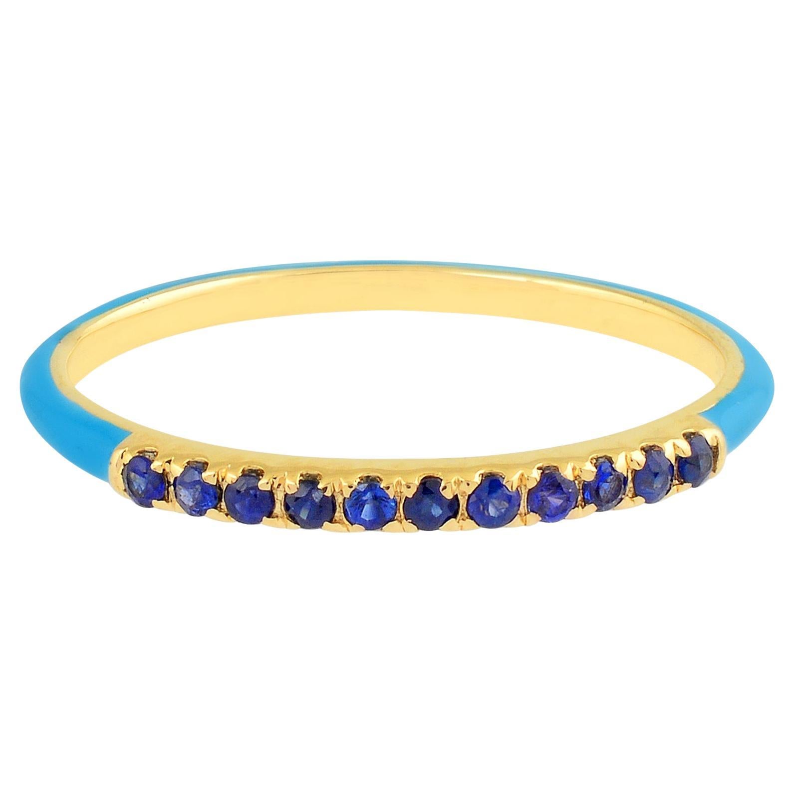 Bague demi-éternité en or jaune 14Kt avec saphir bleu véritable pierre précieuse et émail bleu en vente