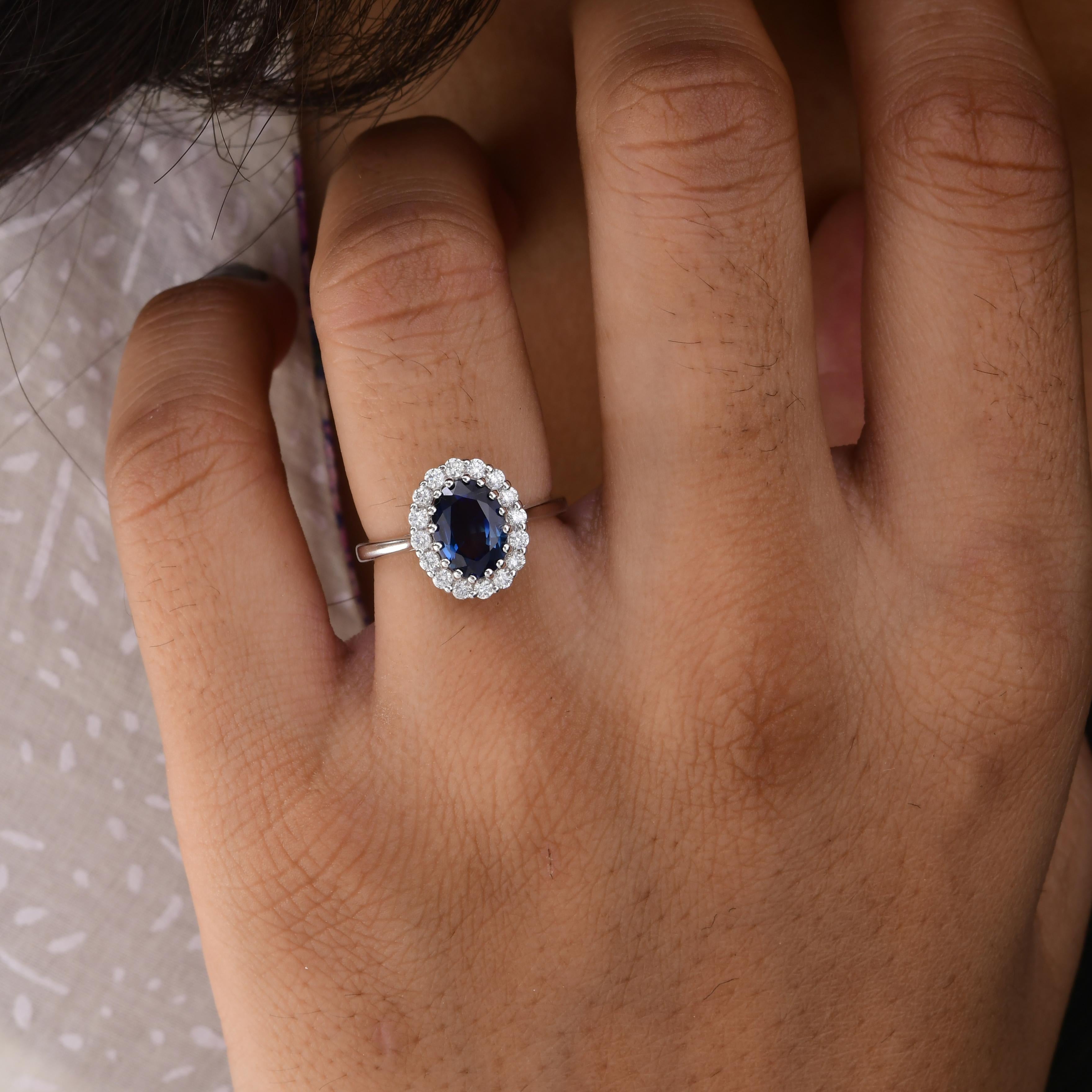 Real Blue Sapphire Gemstone Ring SI Clarity HI Color Diamond 14 Karat White Gold In New Condition For Sale In Diera, Dubai