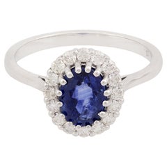 Anello con pietra preziosa di zaffiro blu vero SI Clarity HI Color Diamond Oro bianco 14 carati