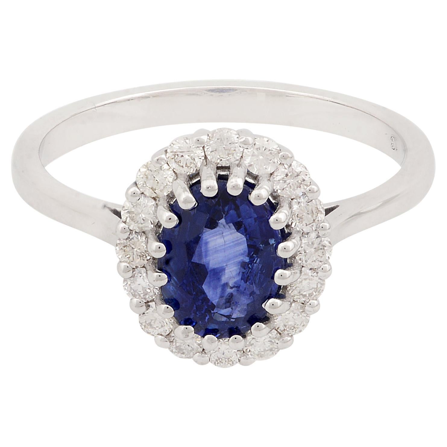 Real Blue Sapphire Gemstone Ring SI Clarity HI Color Diamond 14 Karat White Gold