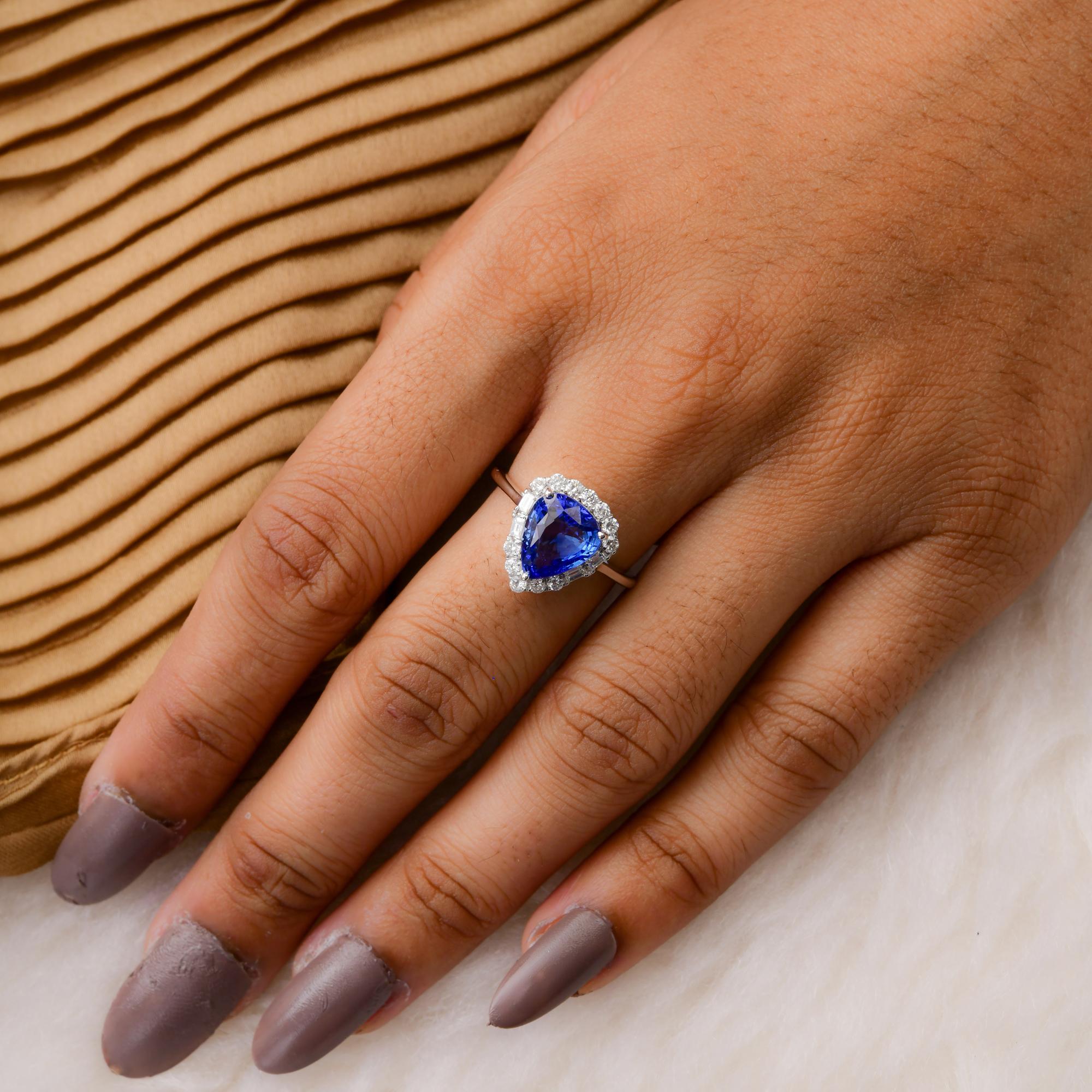 Trillion Cut Real Blue Sapphire Gemstone Ring SI Clarity HI Color Diamond 18 Karat White Gold For Sale