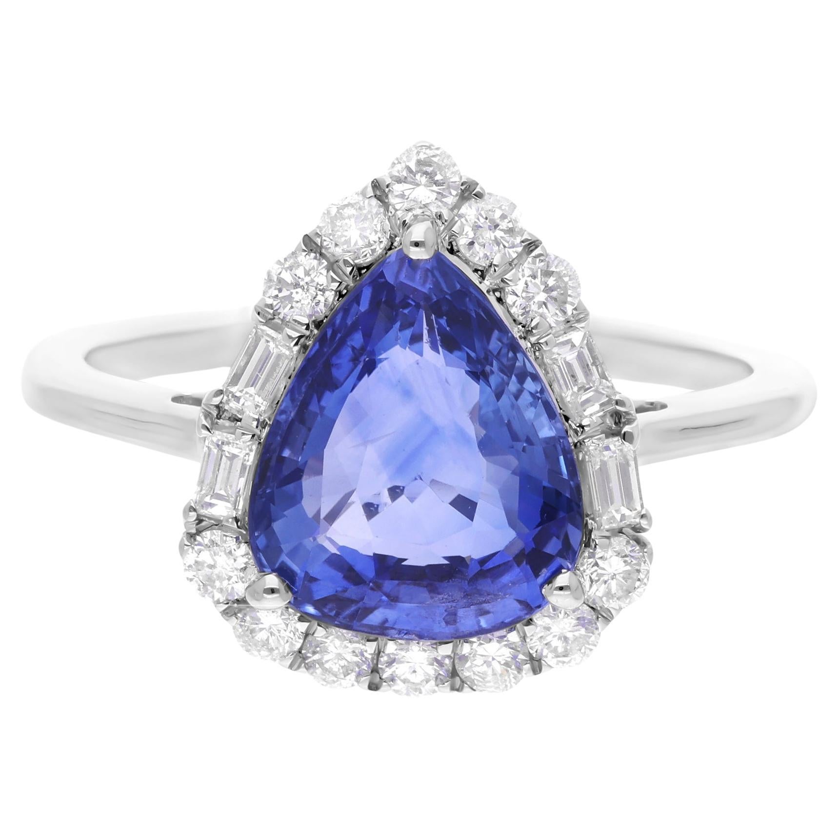 Real Blue Sapphire Gemstone Ring SI Clarity HI Color Diamond 18 Karat White Gold