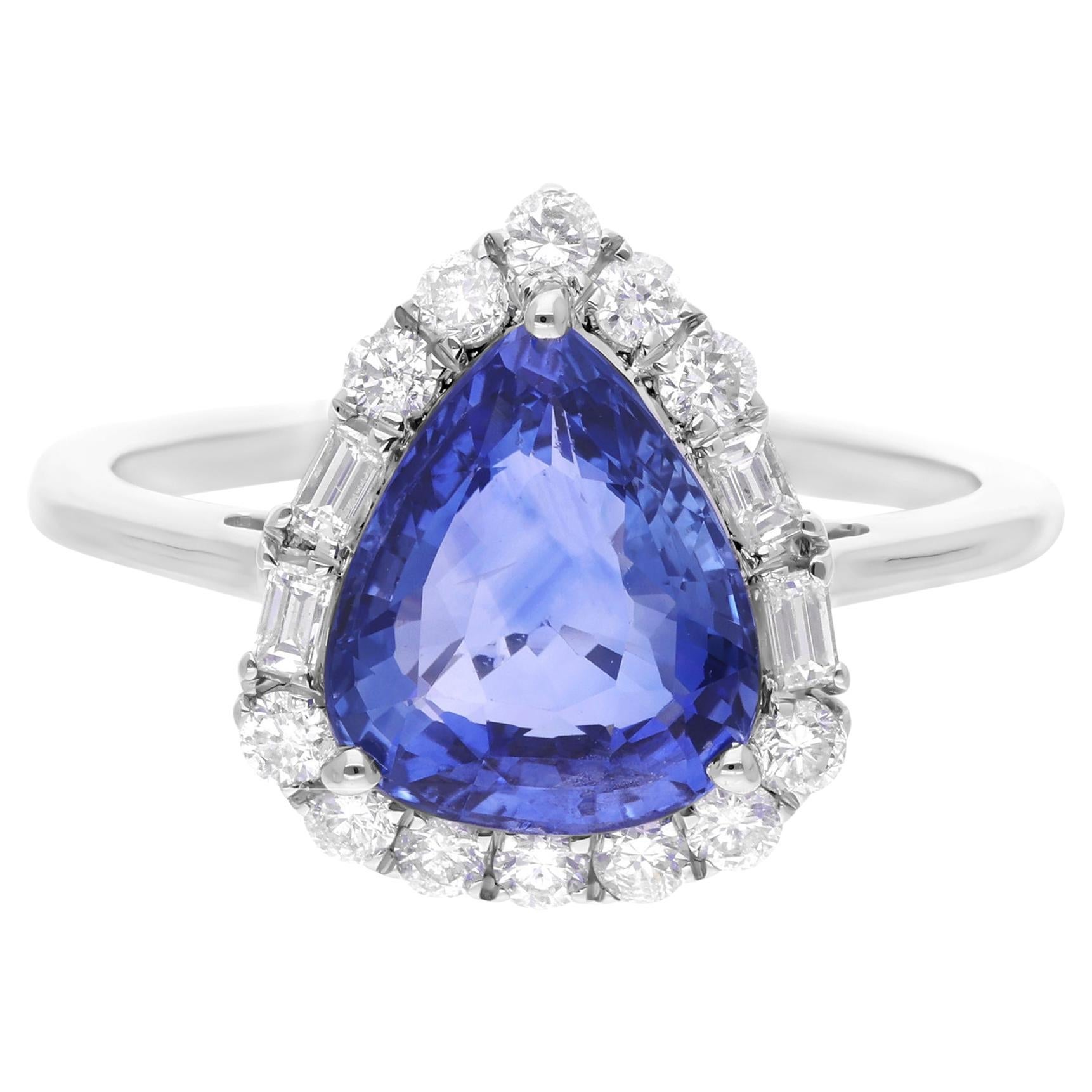 Anello con pietra preziosa di zaffiro blu vero SI Clarity HI Color Diamond Oro bianco 18 carati in vendita