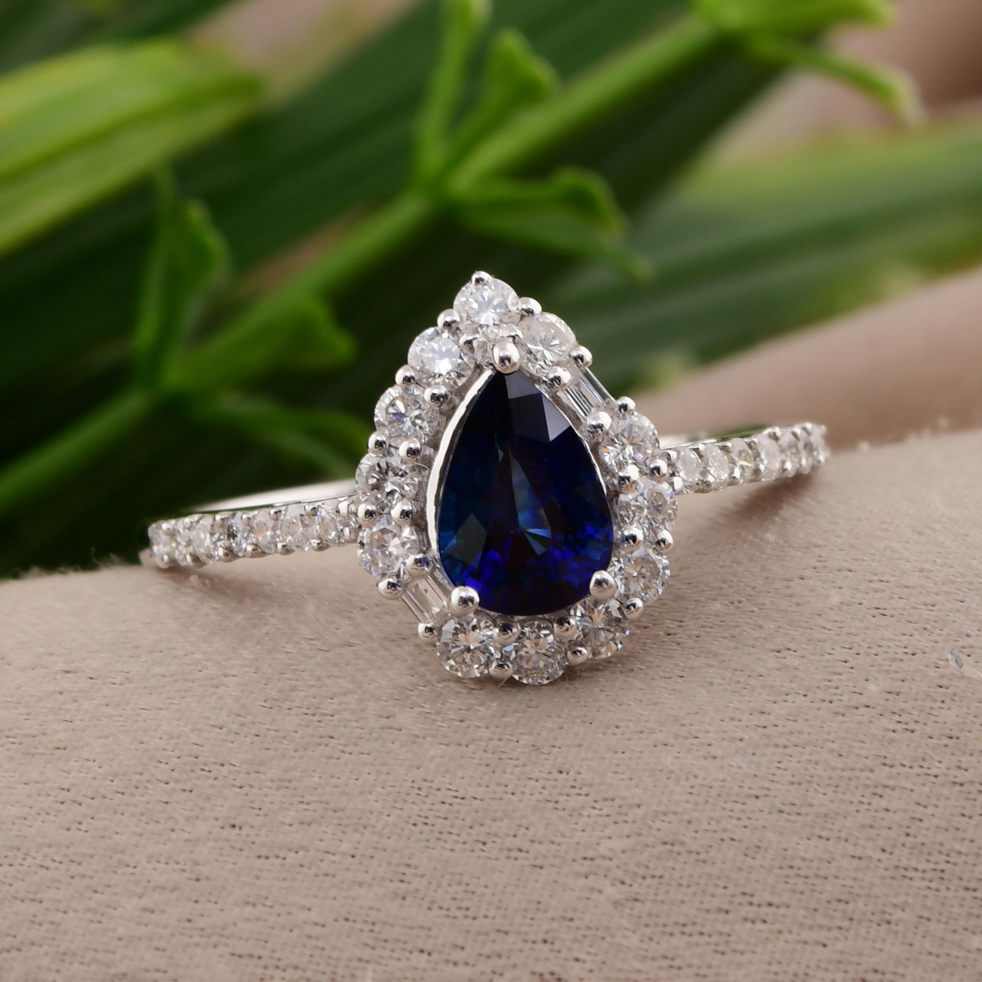 Pear Cut Real Blue Sapphire Gemstone Ring SI/H Round Diamond 18 Karat White Gold Jewelry For Sale
