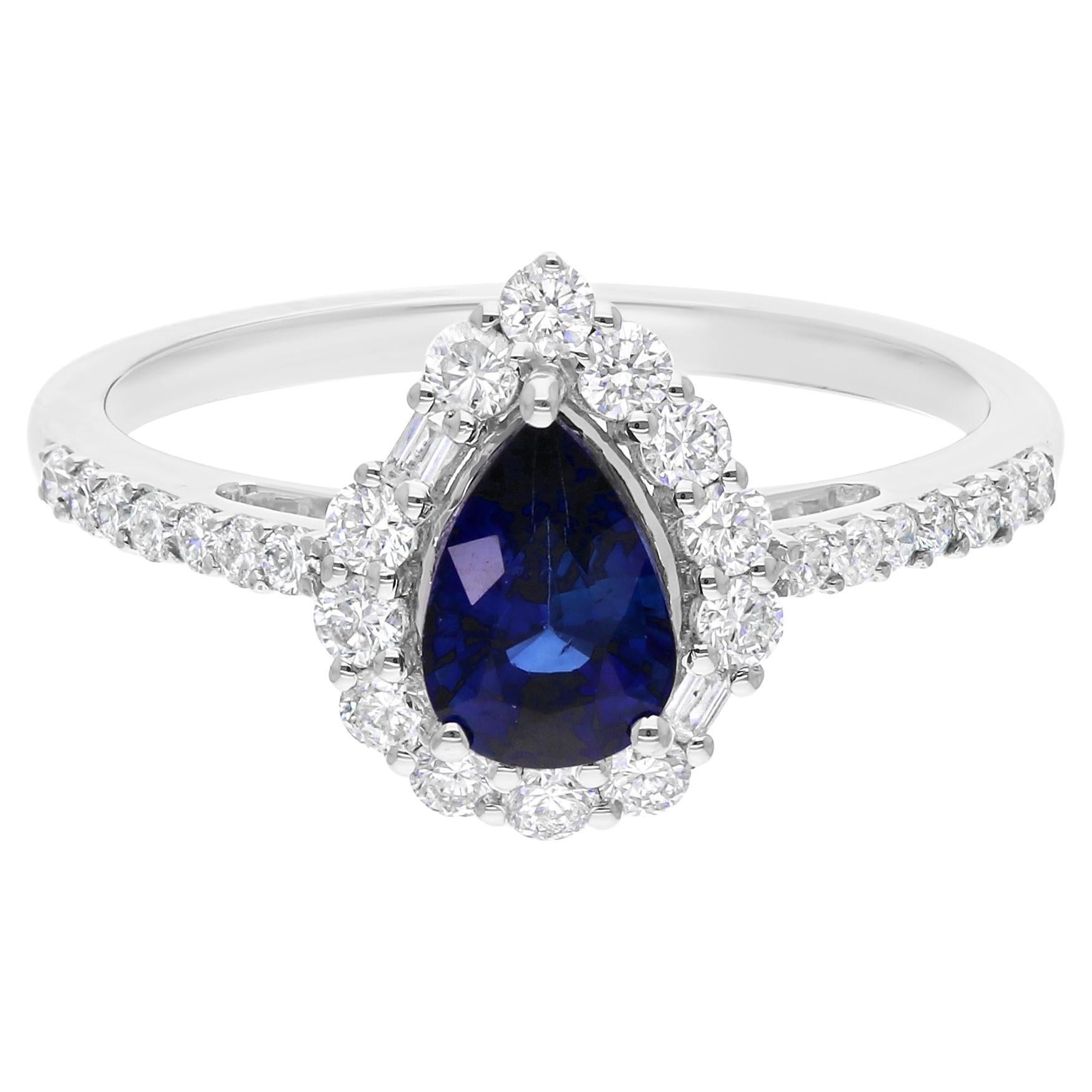 Bague en or blanc 18 carats avec saphir bleu véritable et diamant rond SI/H