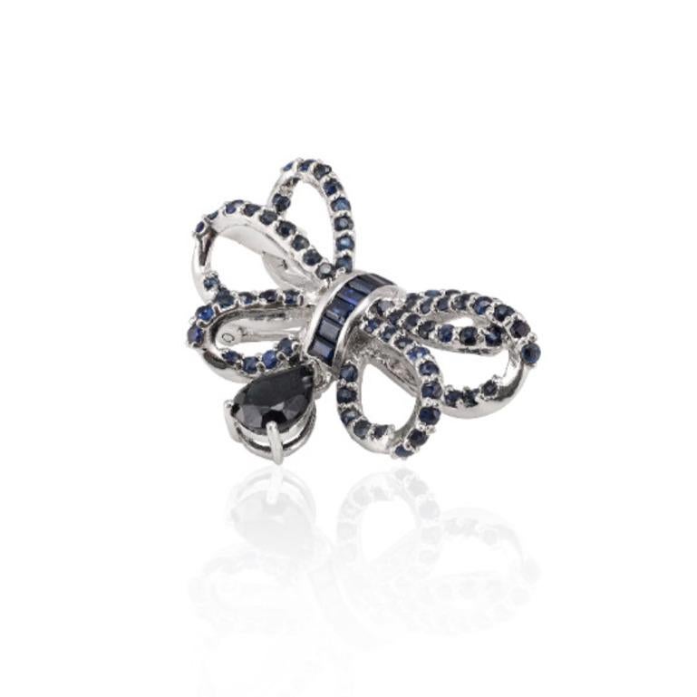 Real Blue Sapphire Bow Brooch Crafted in 925 Sterling Silver In New Condition In Houston, TX