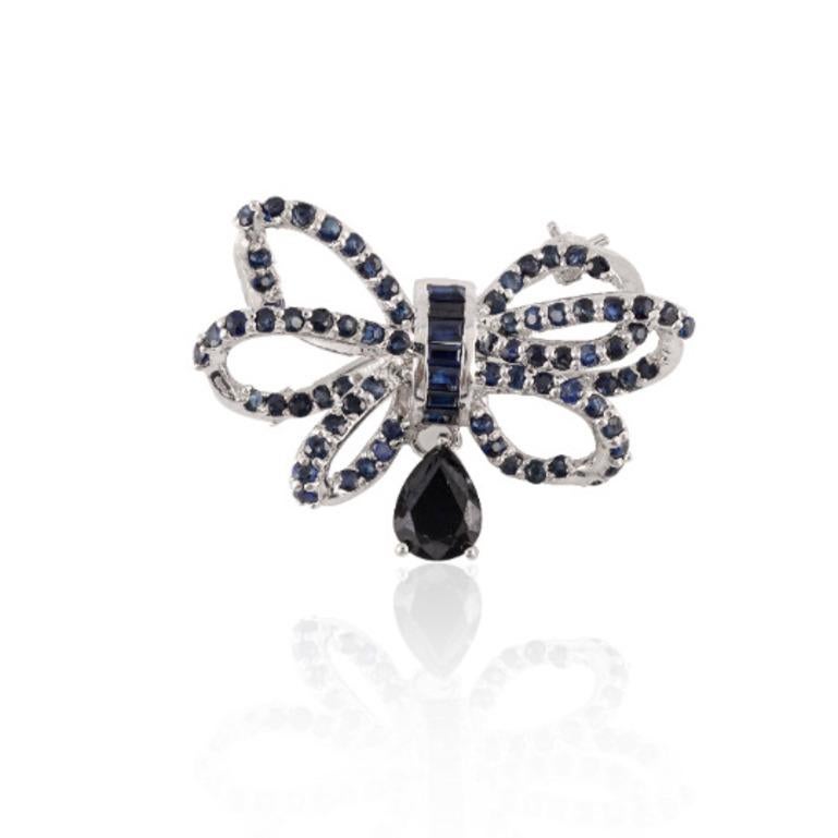 Real Blue Sapphire Bow Brooch Crafted in 925 Sterling Silver 1