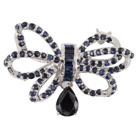 Real Blue Sapphire Bow Brooch Crafted in 925 Sterling Silver For Sale