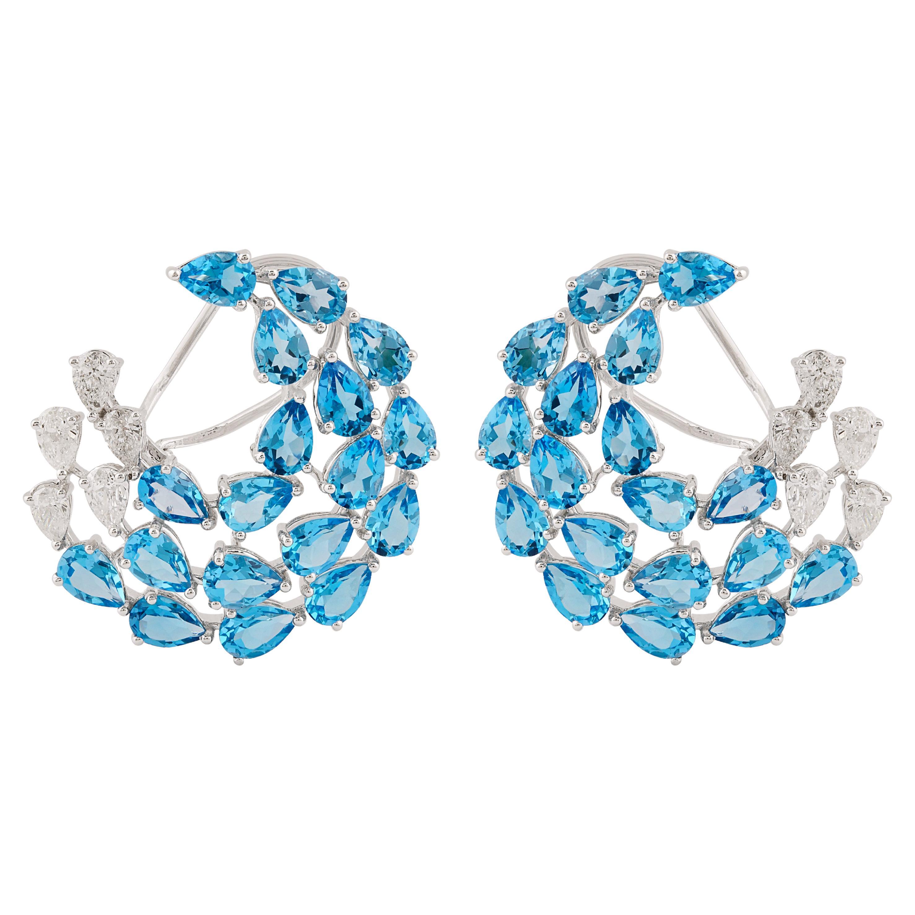 Real Blue Topaz Gemstone Crescent Moon Earrings 14k White Gold Diamond Jewelry