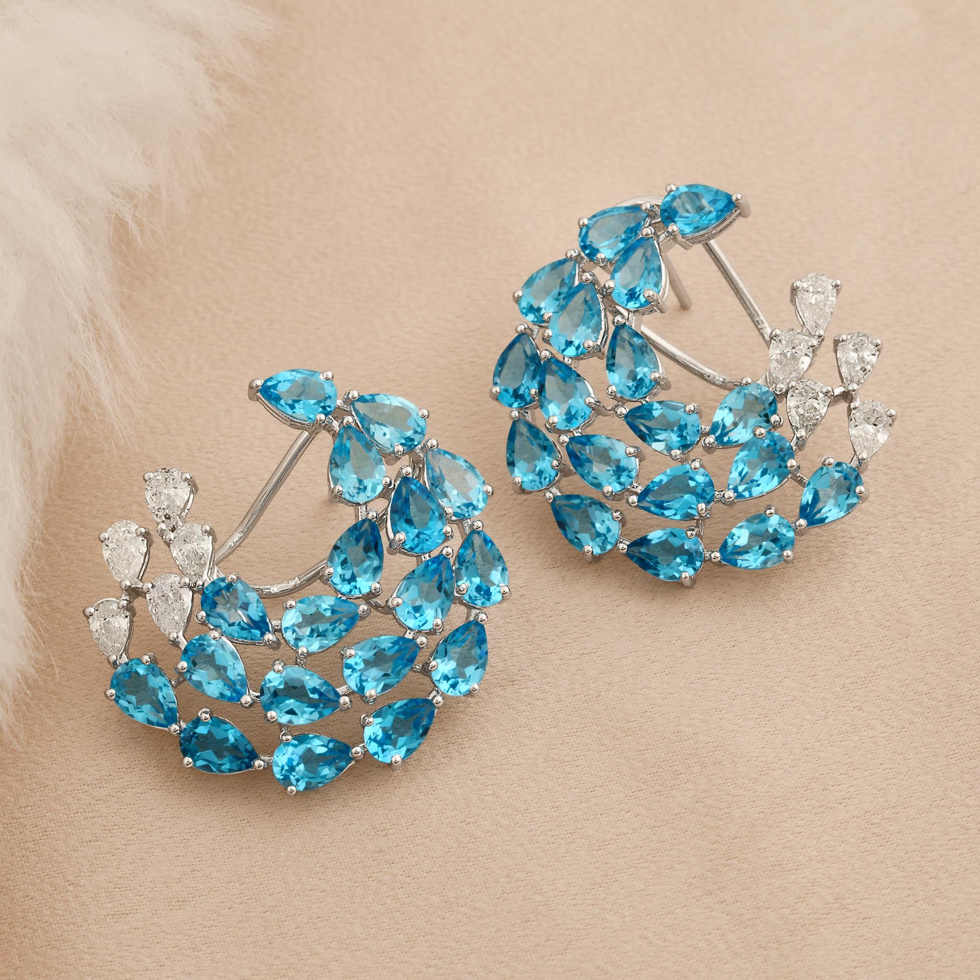 Moderne Boucles d'oreilles en or blanc 18k avec diamants en topaze bleue véritable. en vente