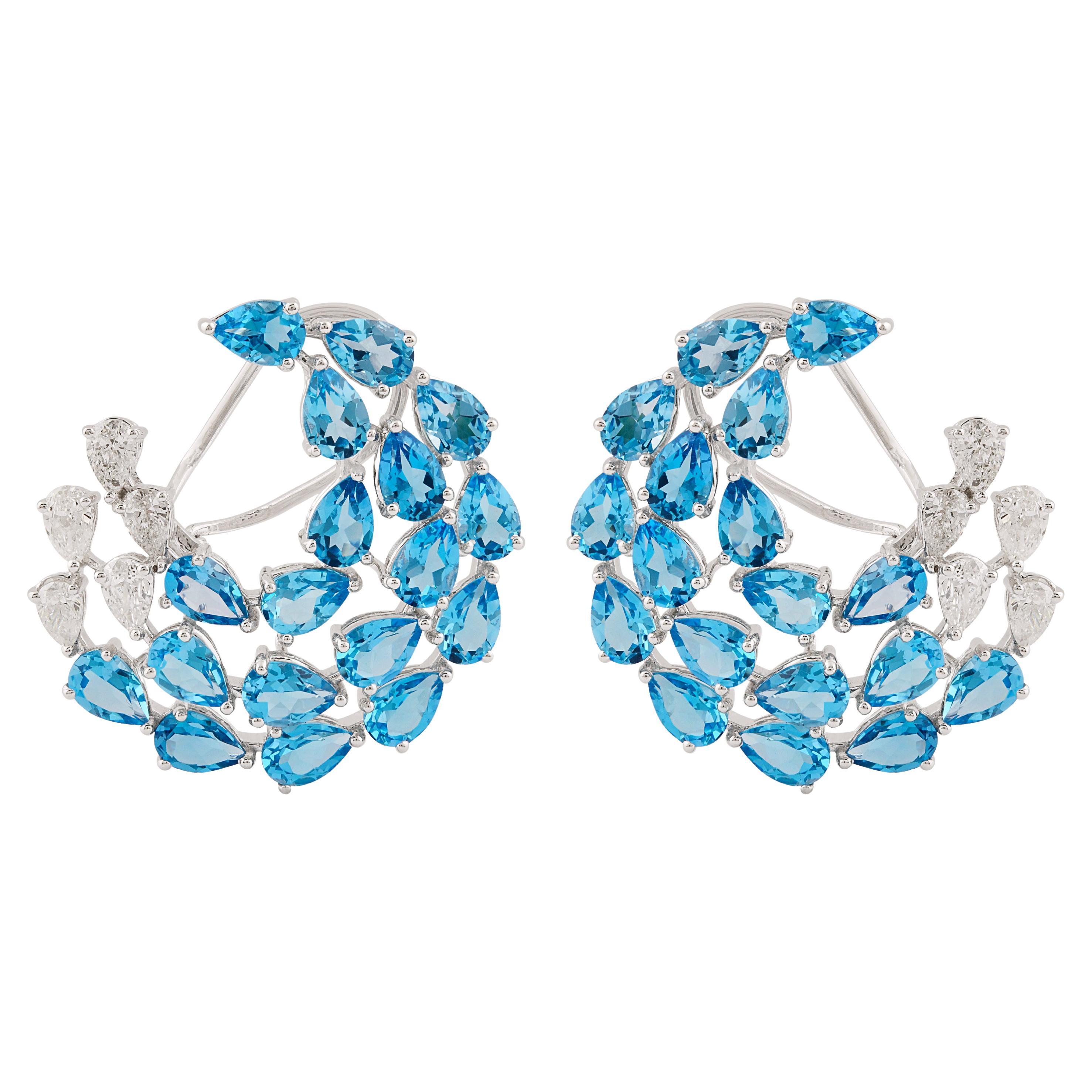 Real Blue Topaz Gemstone Crescent Moon Earrings 18k White Gold Diamond Jewelry