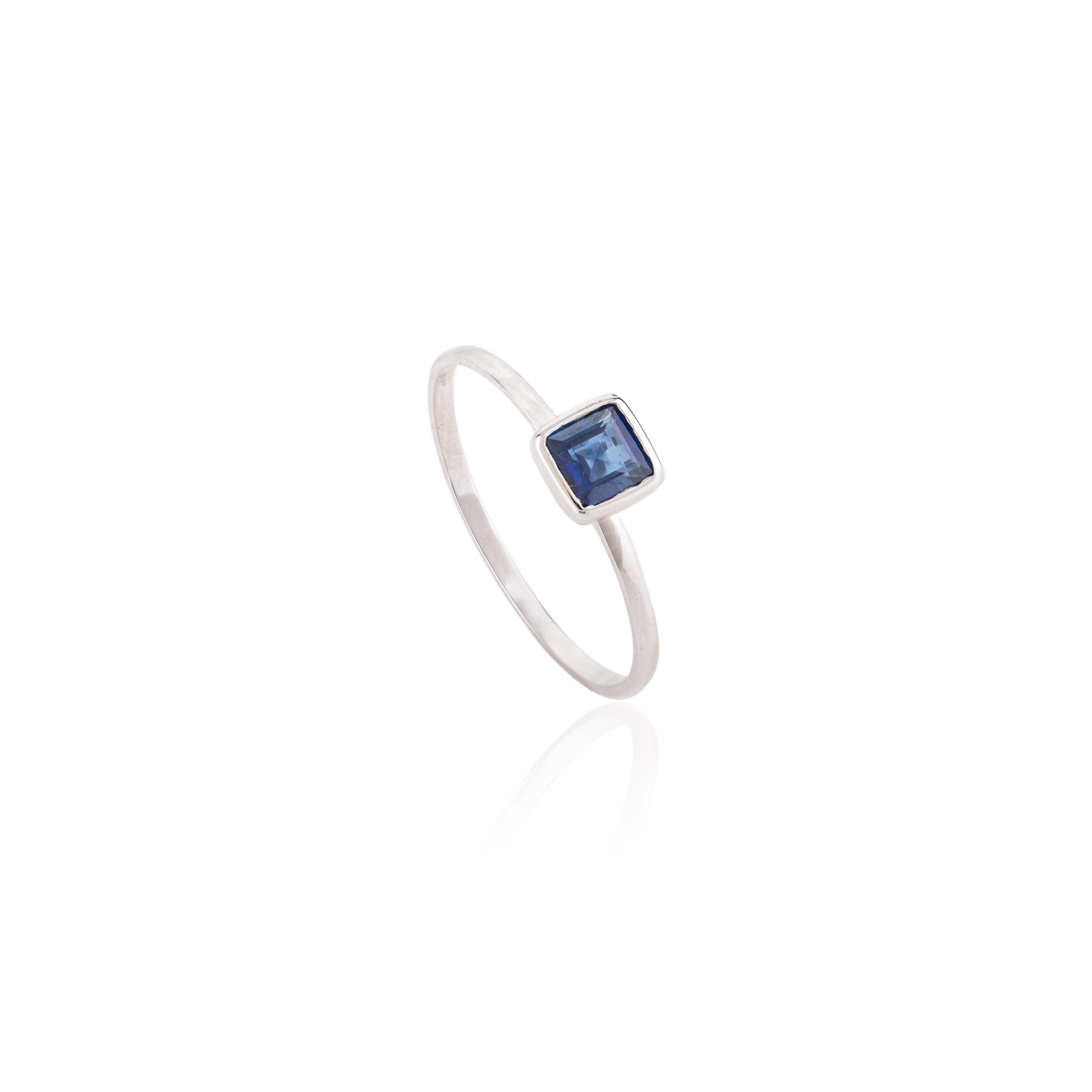 For Sale:  Real Certified Blue Sapphire Square Ring in 18k Solid White Gold Settings 7