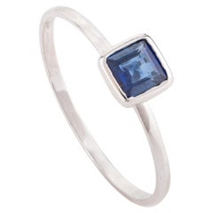 Bague carrée en or blanc massif 18 carats avec saphir bleu certifié véritable