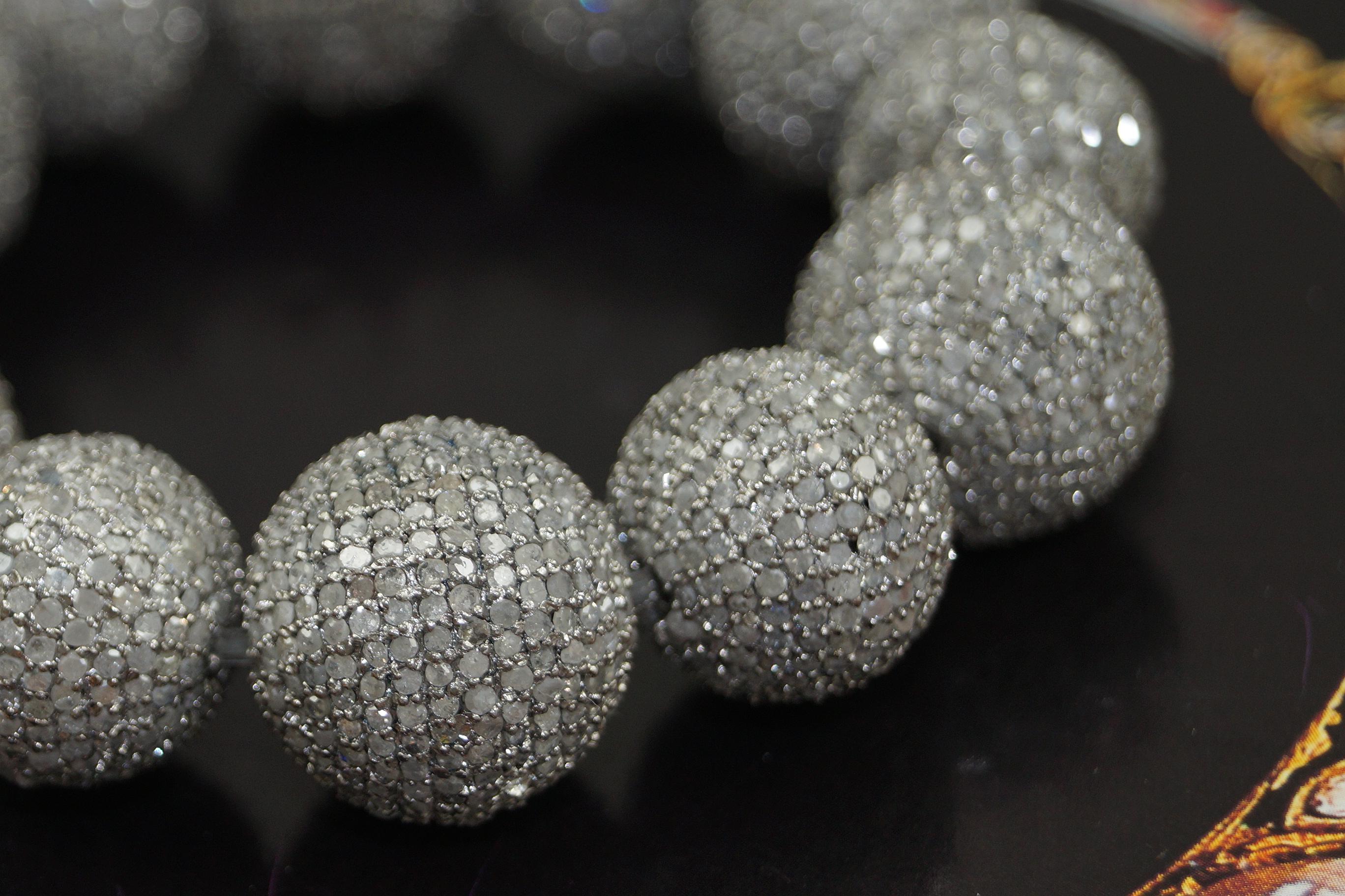 Art Nouveau Real classy pave diamond oxidized sterling silver bead ball bracelet For Sale