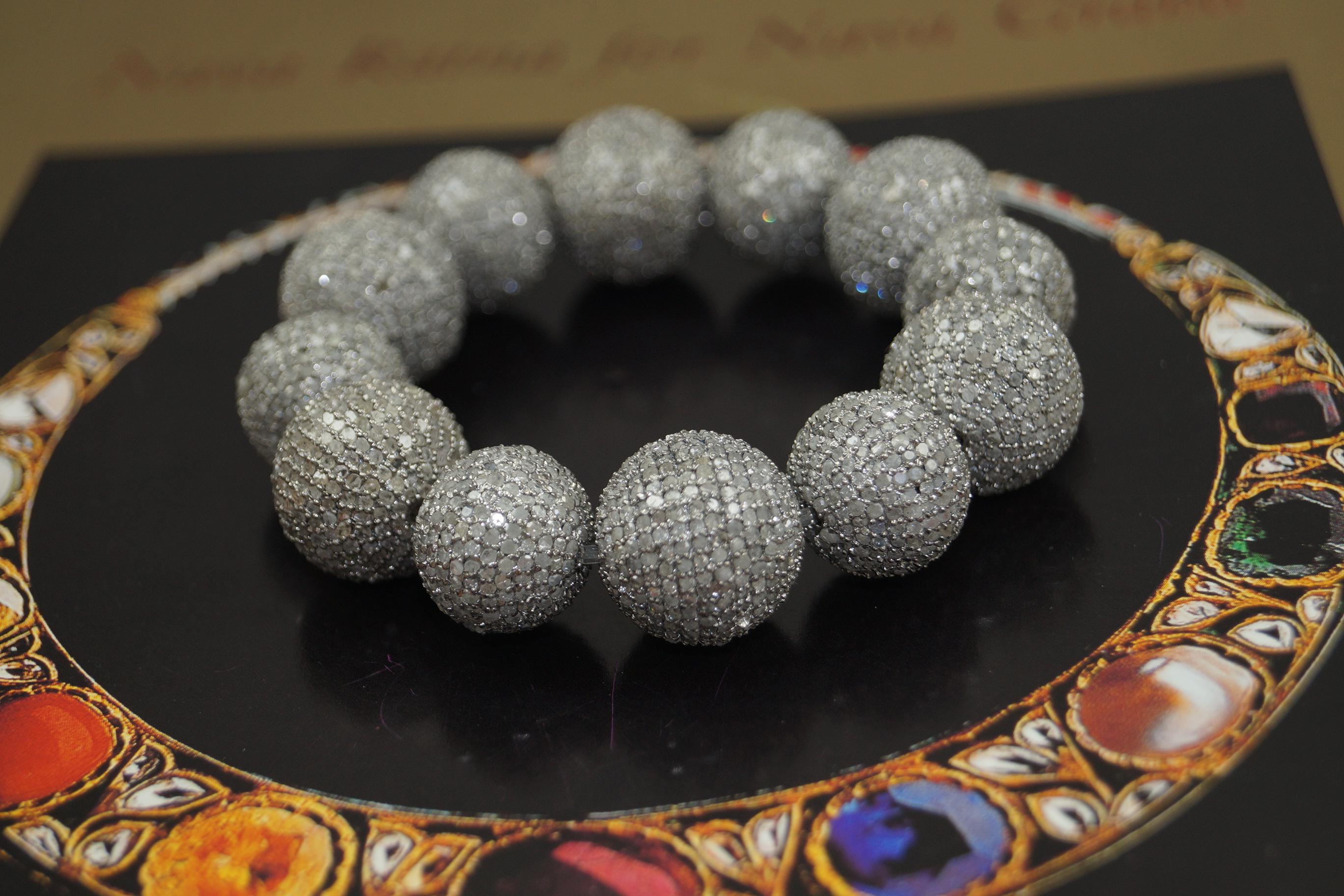 Mixed Cut Real classy pave diamond oxidized sterling silver bead ball bracelet For Sale