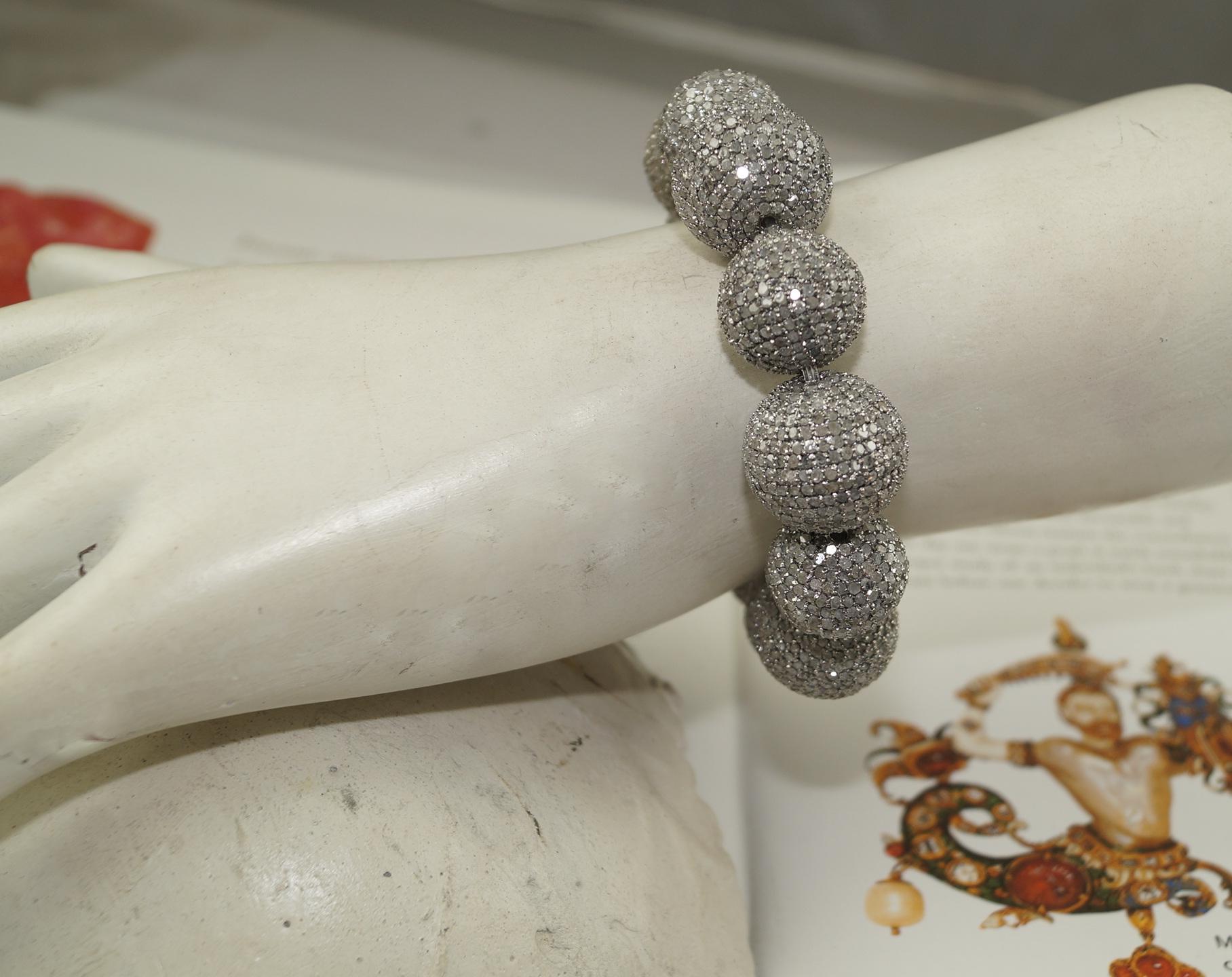 Mixed Cut Real classy pave diamond oxidized sterling silver bead ball bracelet For Sale