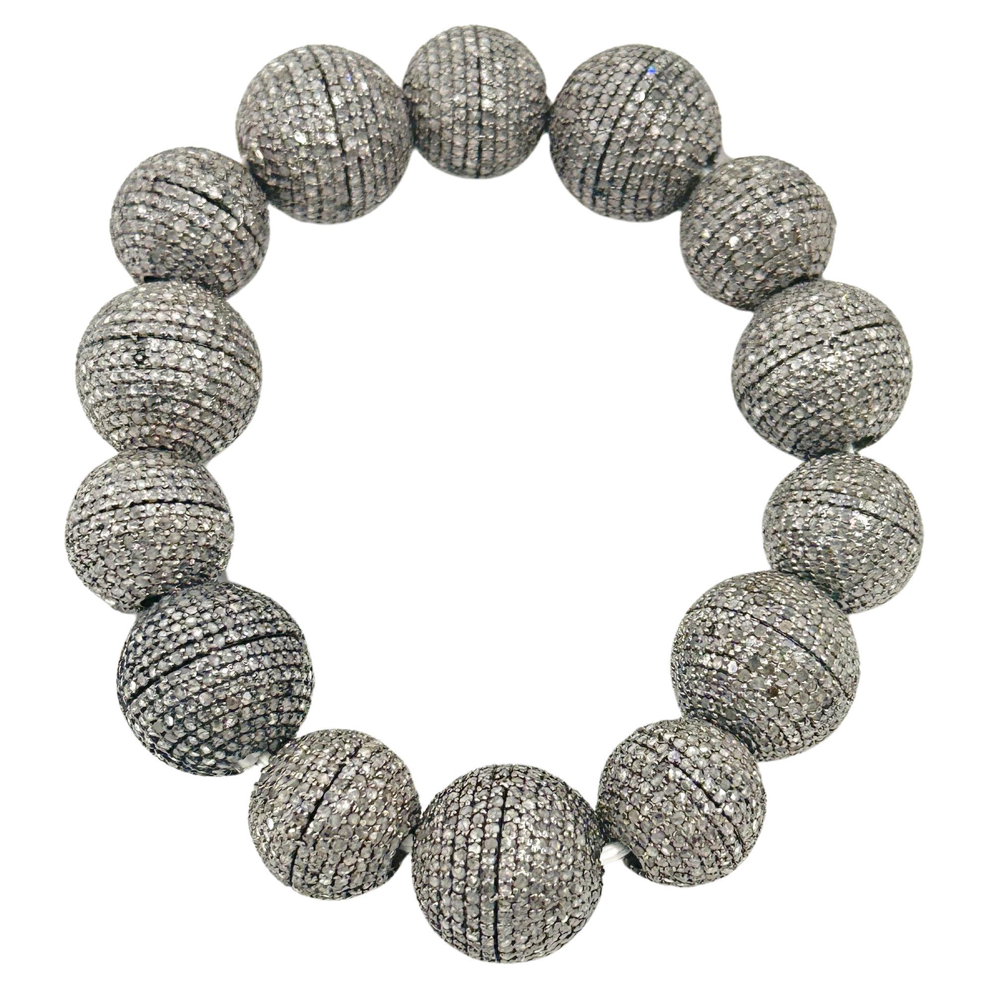 Real classy pave diamond oxidized sterling silver bead ball bracelet style 2