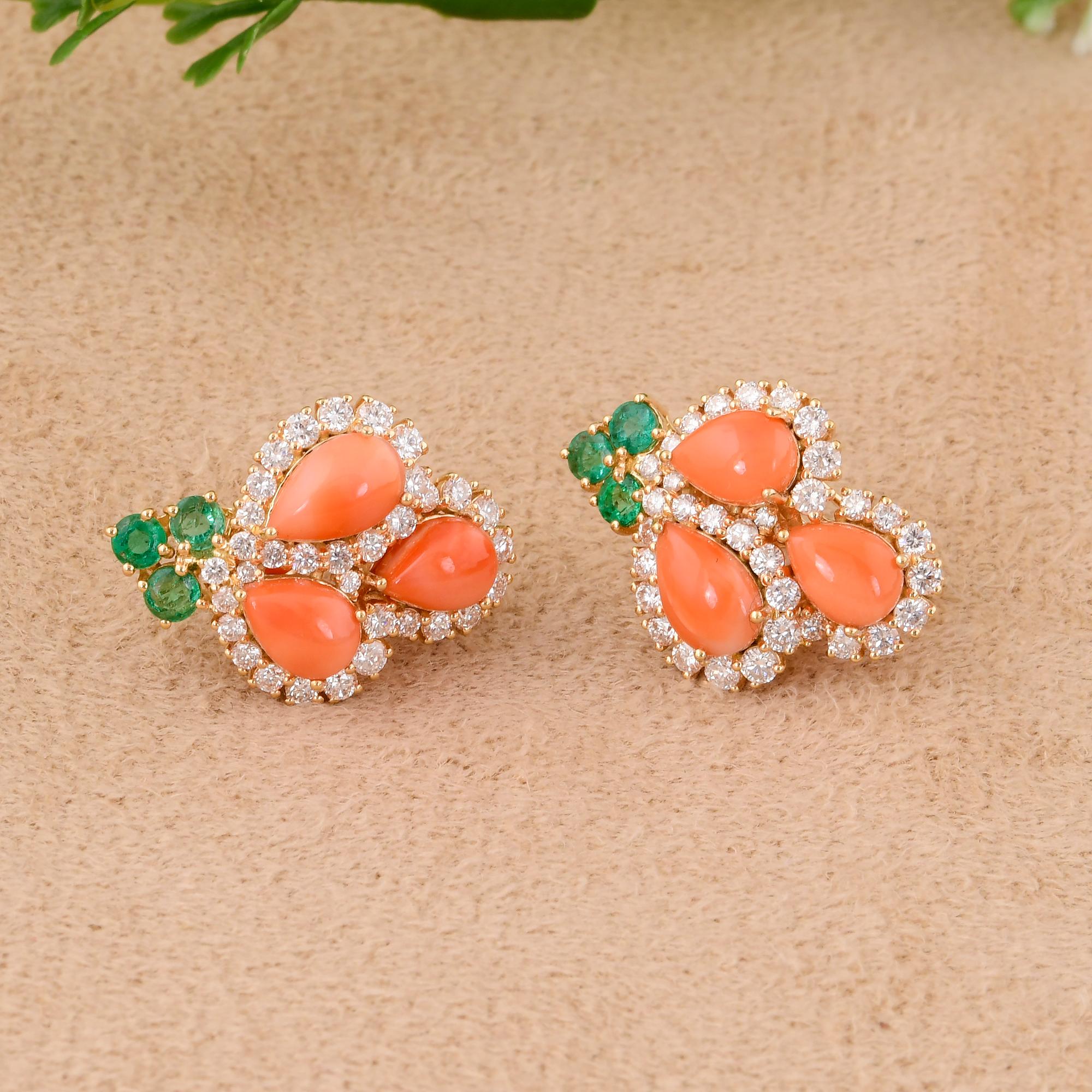 Pear Cut Real Coral Emerald Gemstone Stud Earrings Diamond 14 Karat Yellow Gold Jewelry For Sale