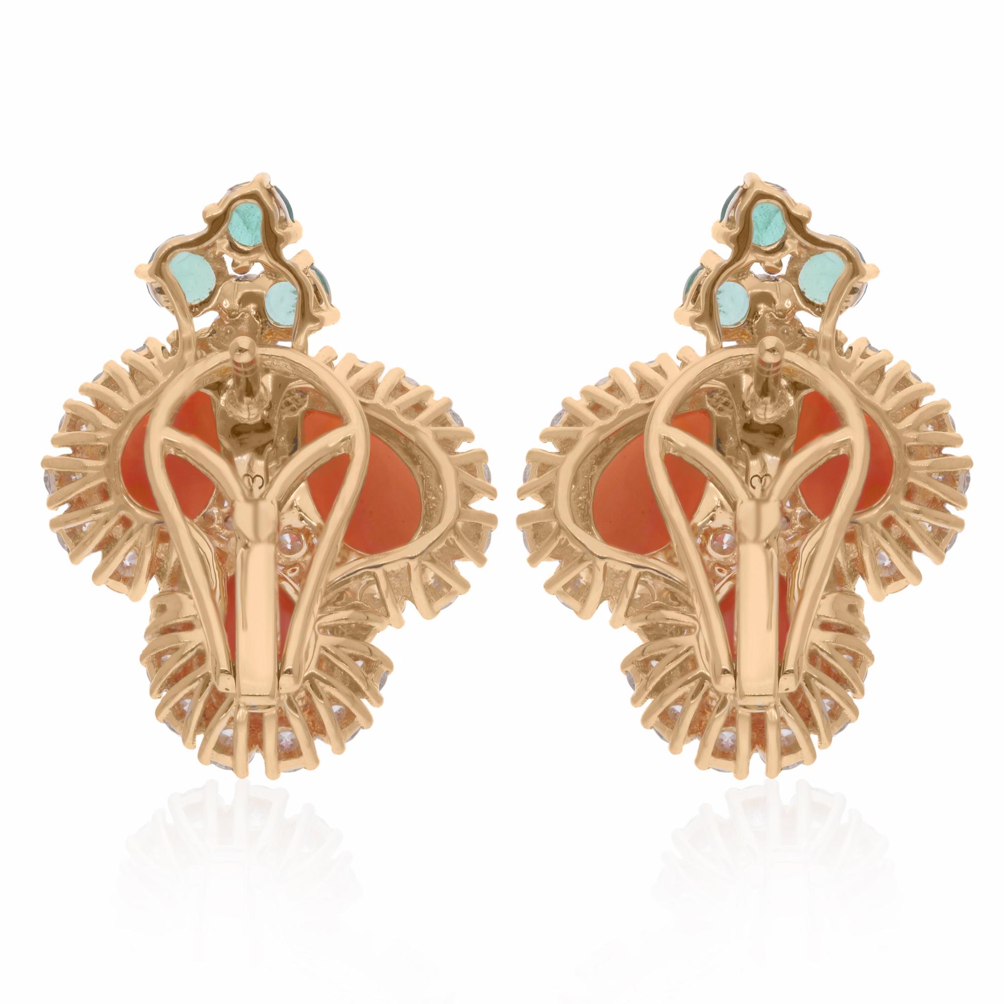 Women's Real Coral Emerald Gemstone Stud Earrings Diamond 14 Karat Yellow Gold Jewelry For Sale