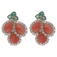 Real Coral Emerald Gemstone Stud Earrings Diamond 14 Karat Yellow Gold Jewelry