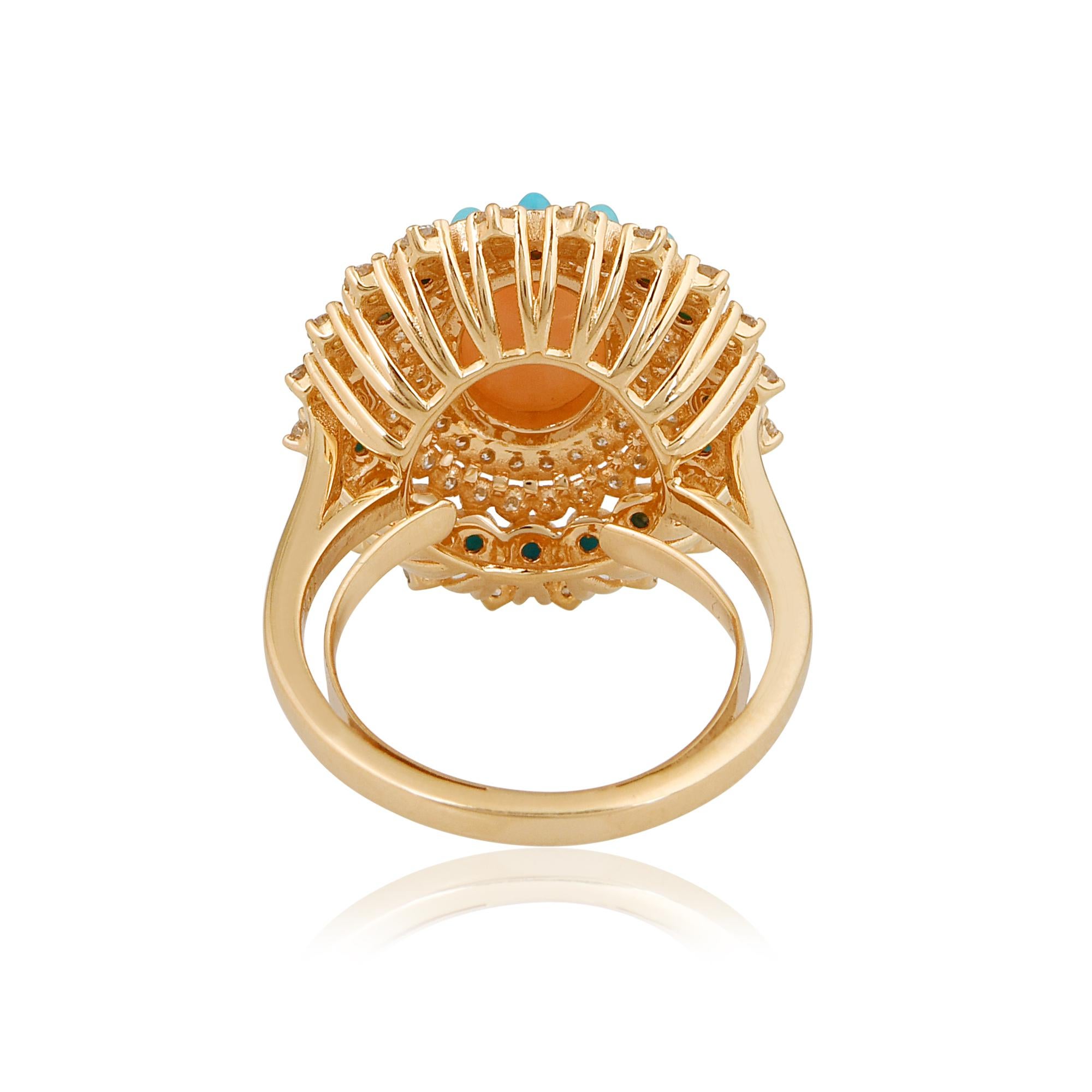 Modern Real Coral Turquoise Cocktail Ring SI Clarity HI Color Diamond 14k Yellow Gold For Sale
