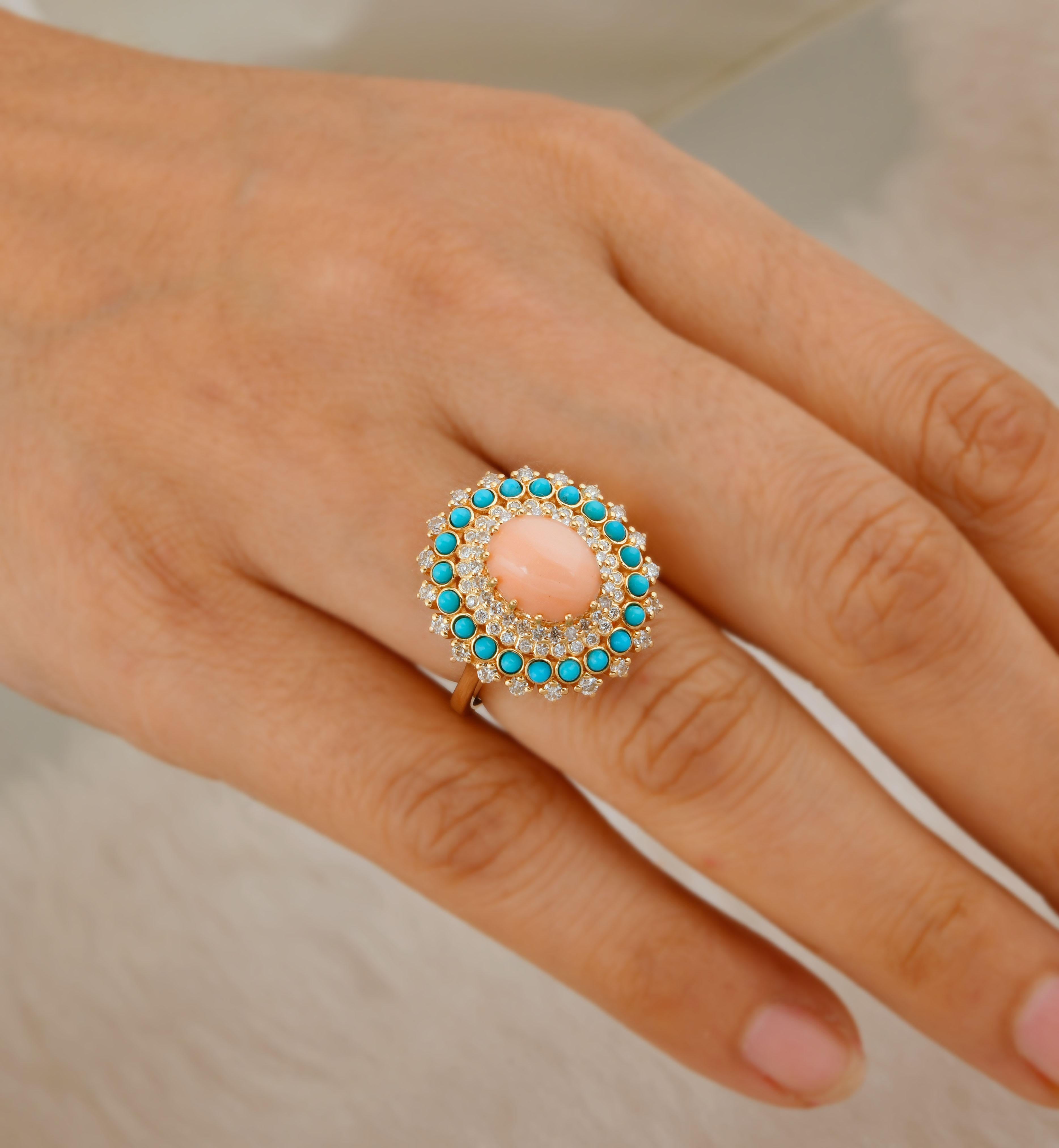 Oval Cut Real Coral Turquoise Cocktail Ring SI Clarity HI Color Diamond 14k Yellow Gold For Sale