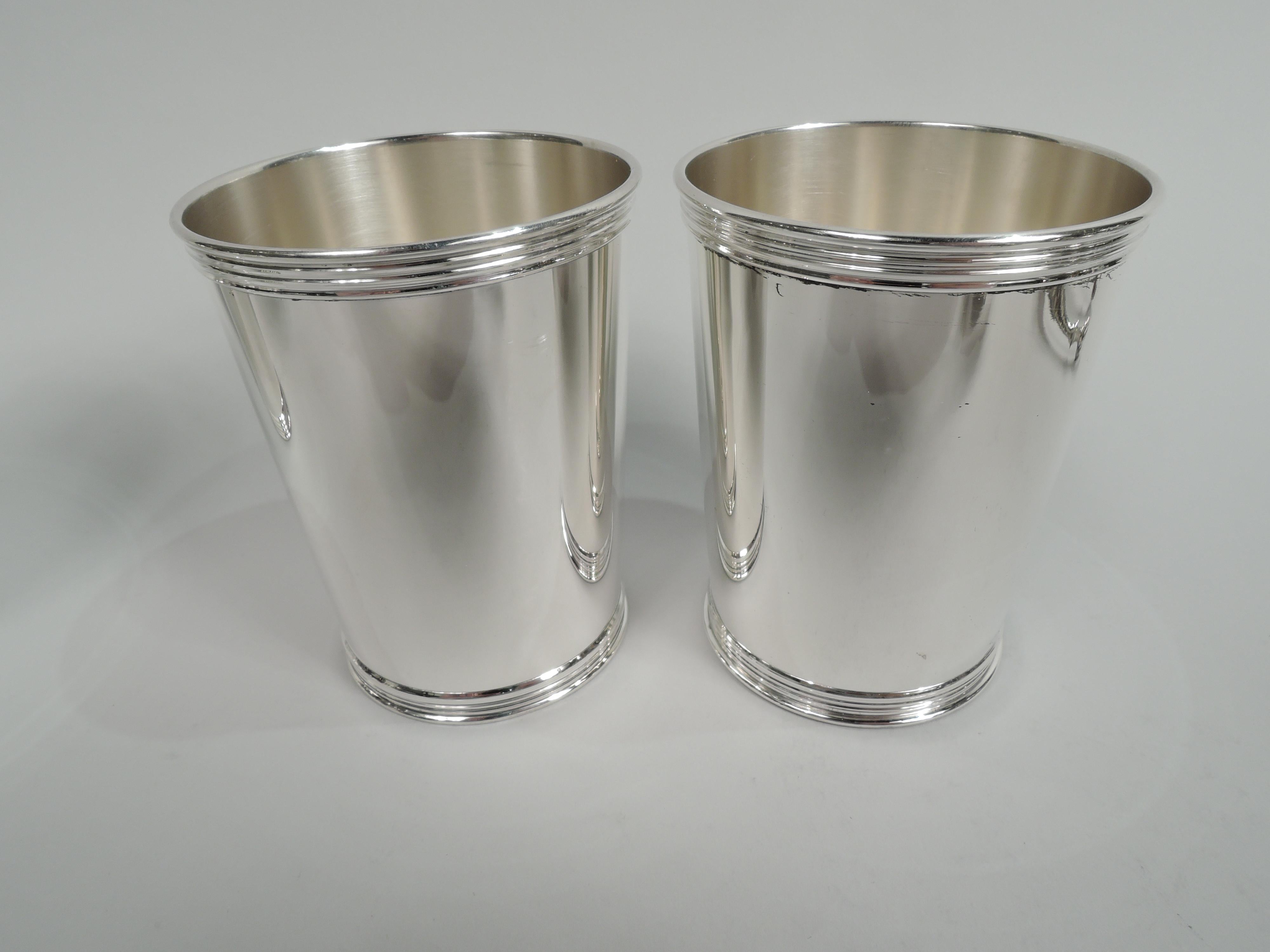 Set of 6 sterling silver mint julep cups. Each: Straight and tapering sides, and reeded rim and foot. A great way to celebrate Derby day with a few close friends. Marked “Sterling / Trees” with Tree stamp. Benjamin Trees was active in Lexington,