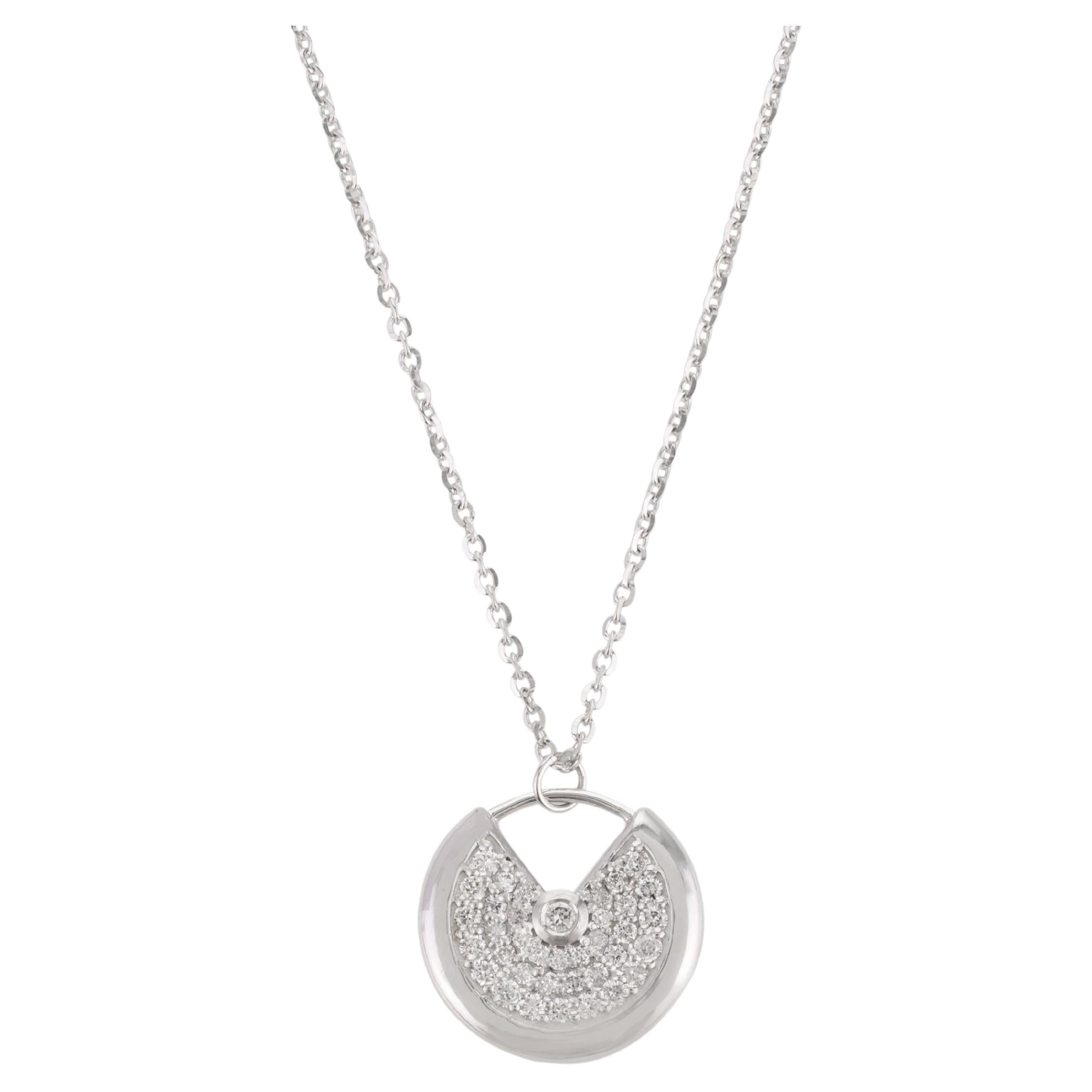 Real Diamond 14K Solid White Gold Elegant Disc Pendant Necklace for Her For Sale
