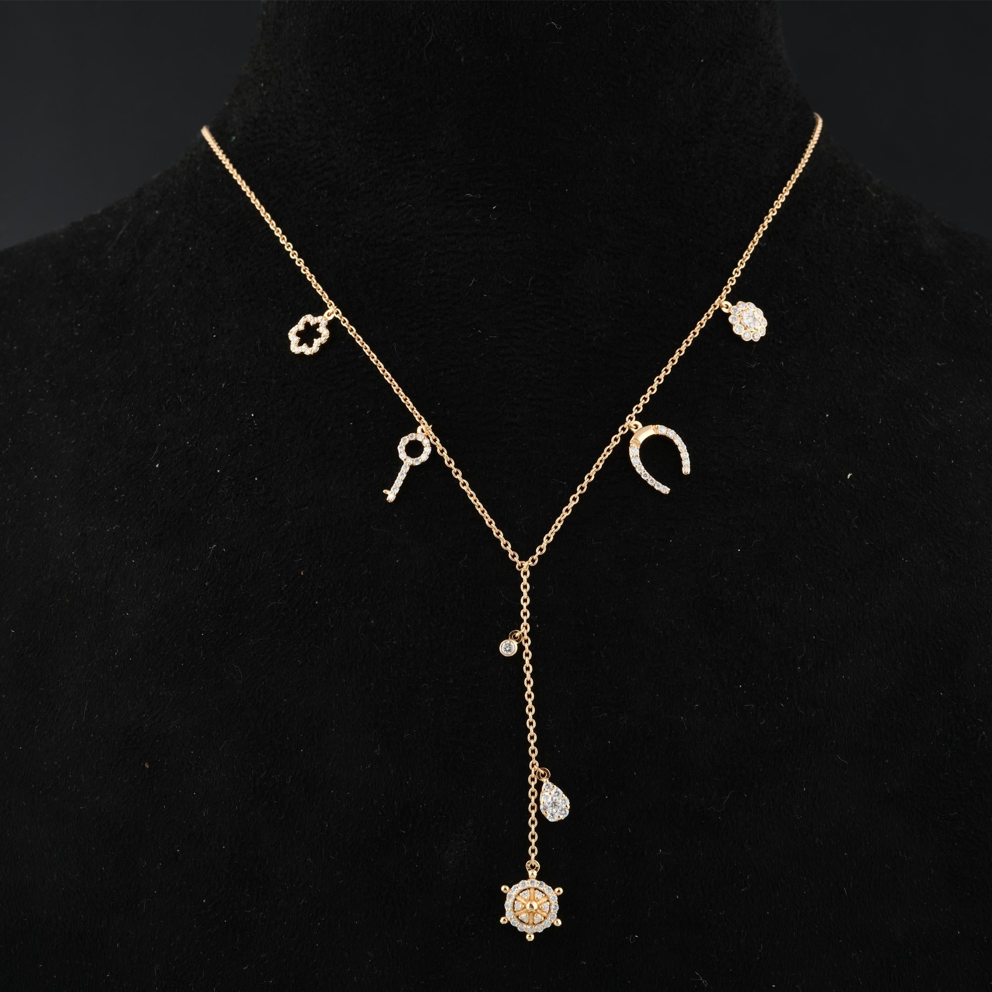 Modern Real Diamond Pave Horseshoe Key Disc Charm Pendant Necklace 18 Karat Yellow Gold For Sale