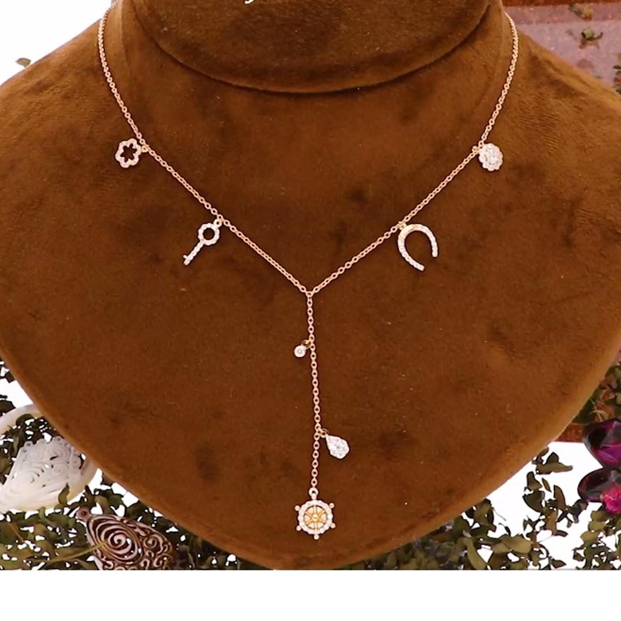 Realer Diamant Pave Hufeisen-Schlüsselscheiben-Charm-Anhänger Halskette 18 Karat Gelbgold (Rundschliff) im Angebot