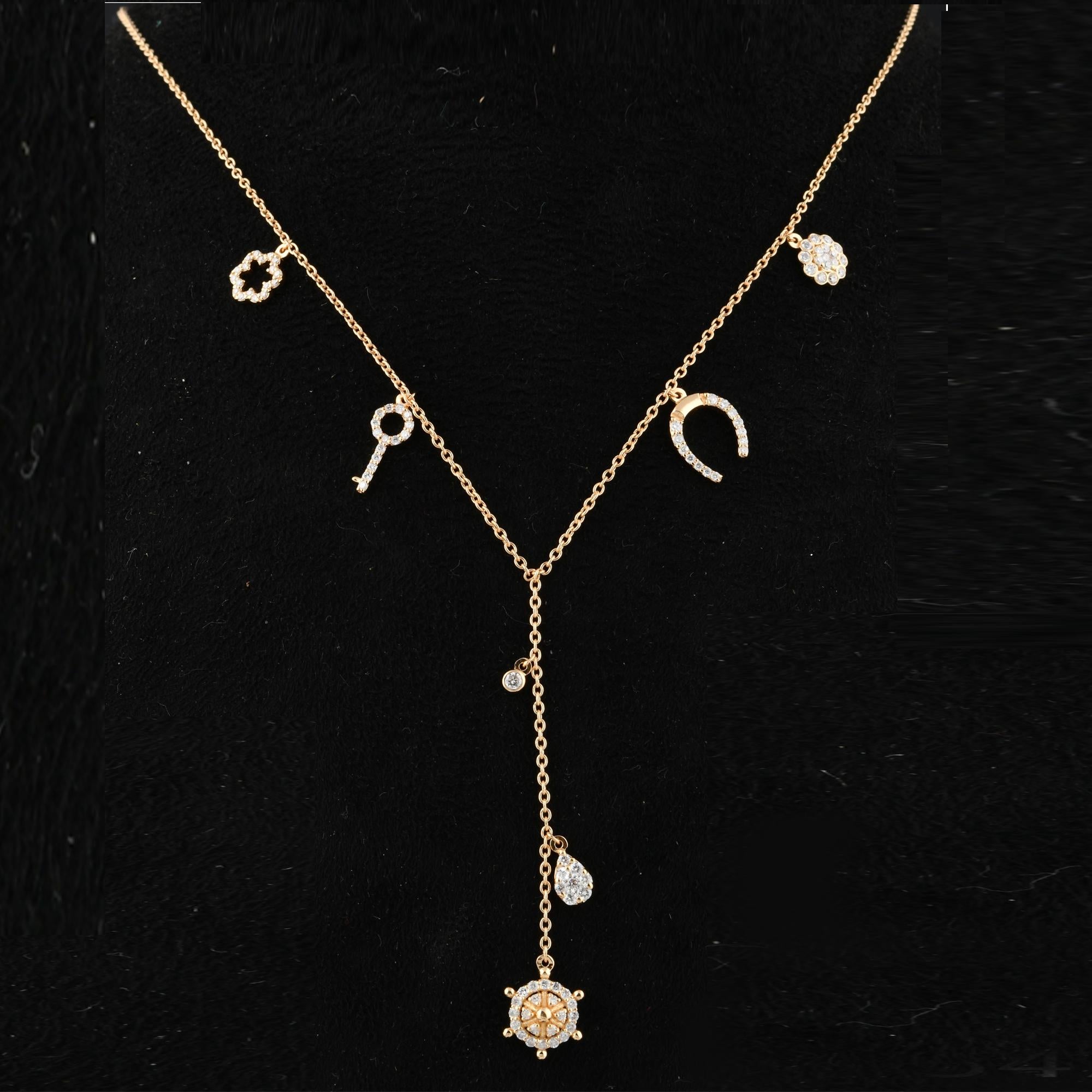 Women's Real Diamond Pave Horseshoe Key Disc Charm Pendant Necklace 18 Karat Yellow Gold For Sale