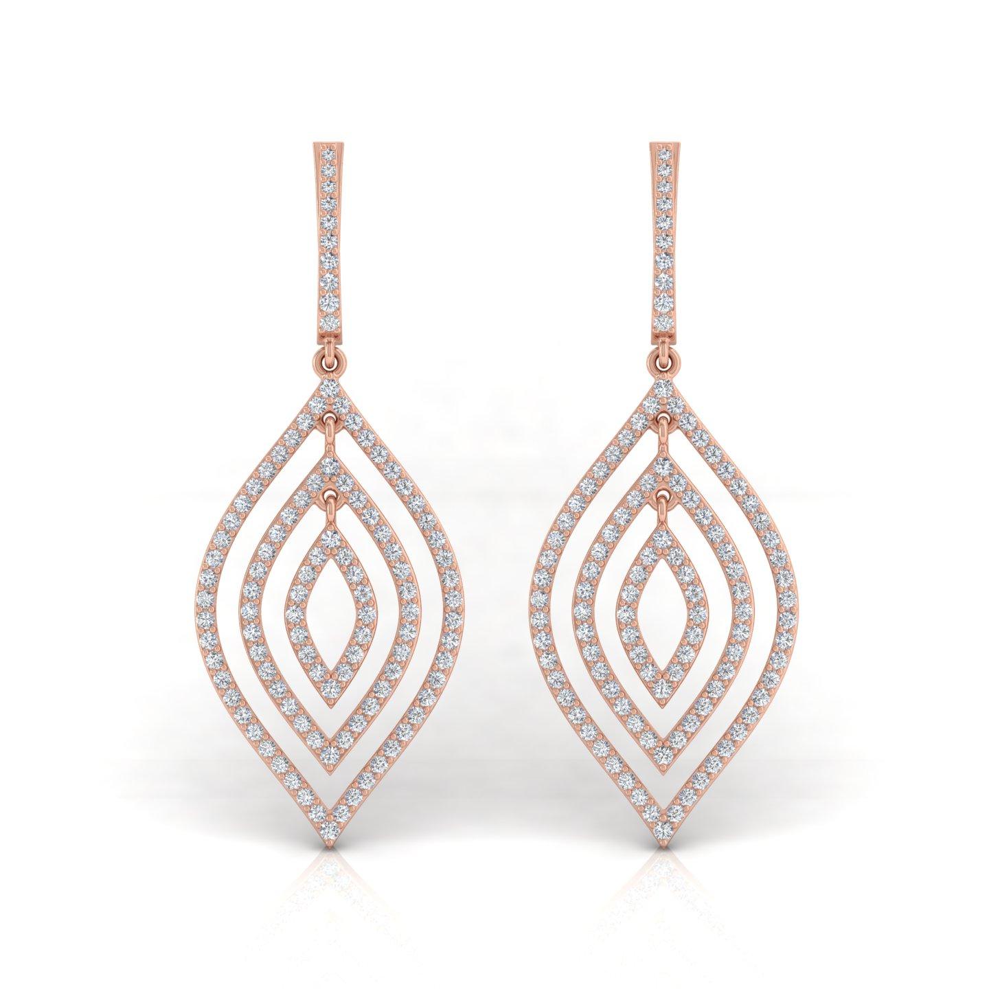 Pendientes colgantes con triple marquesa de diamantes auténticos en oro rosa de 10k Moderno en venta