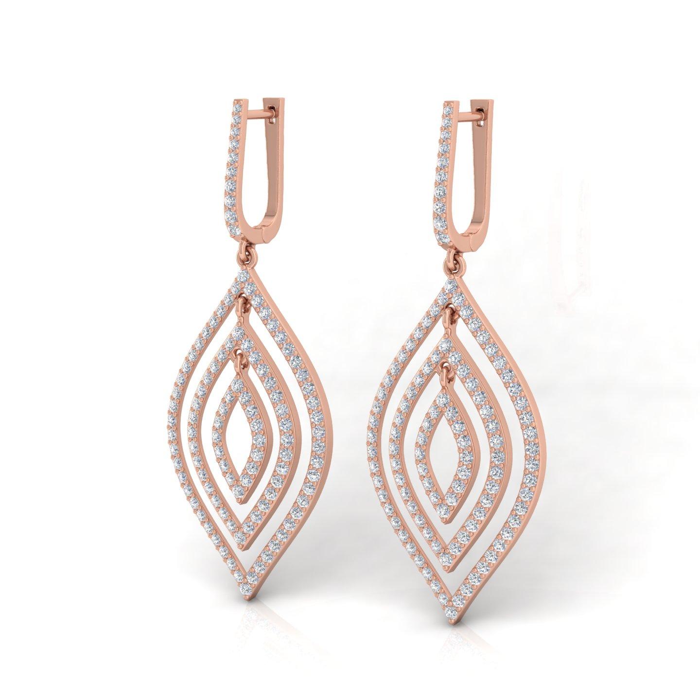Pendientes colgantes con triple marquesa de diamantes auténticos en oro rosa de 10k Corte brillante en venta