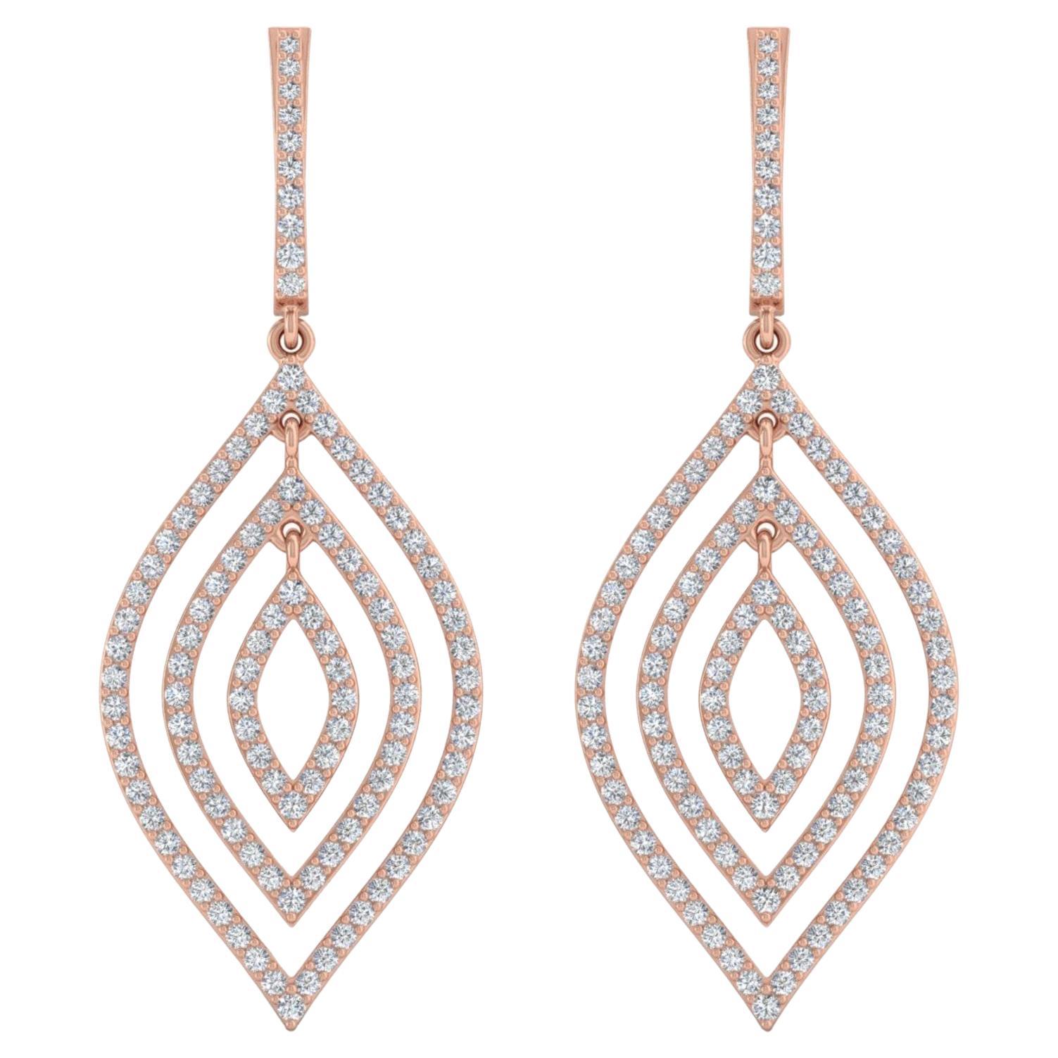 Orecchini pendenti con triplo diamante reale e marquise in oro rosa 10 carati