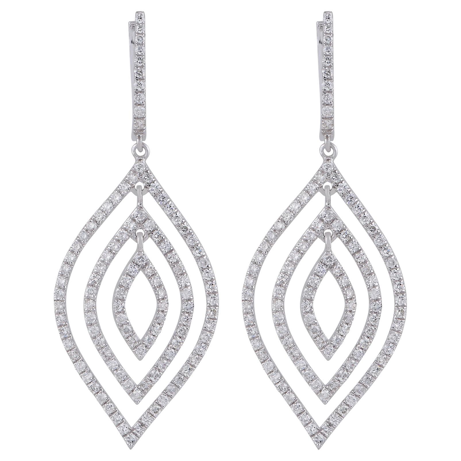 Pendientes colgantes con triple marquesa de diamantes auténticos en oro blanco de 10k en venta