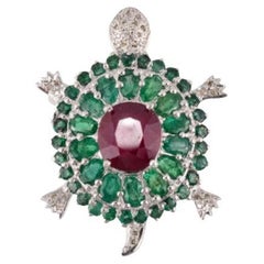 Vintage Natural Emerald and Ruby Turtle Brooch in 925 Sterling Silver