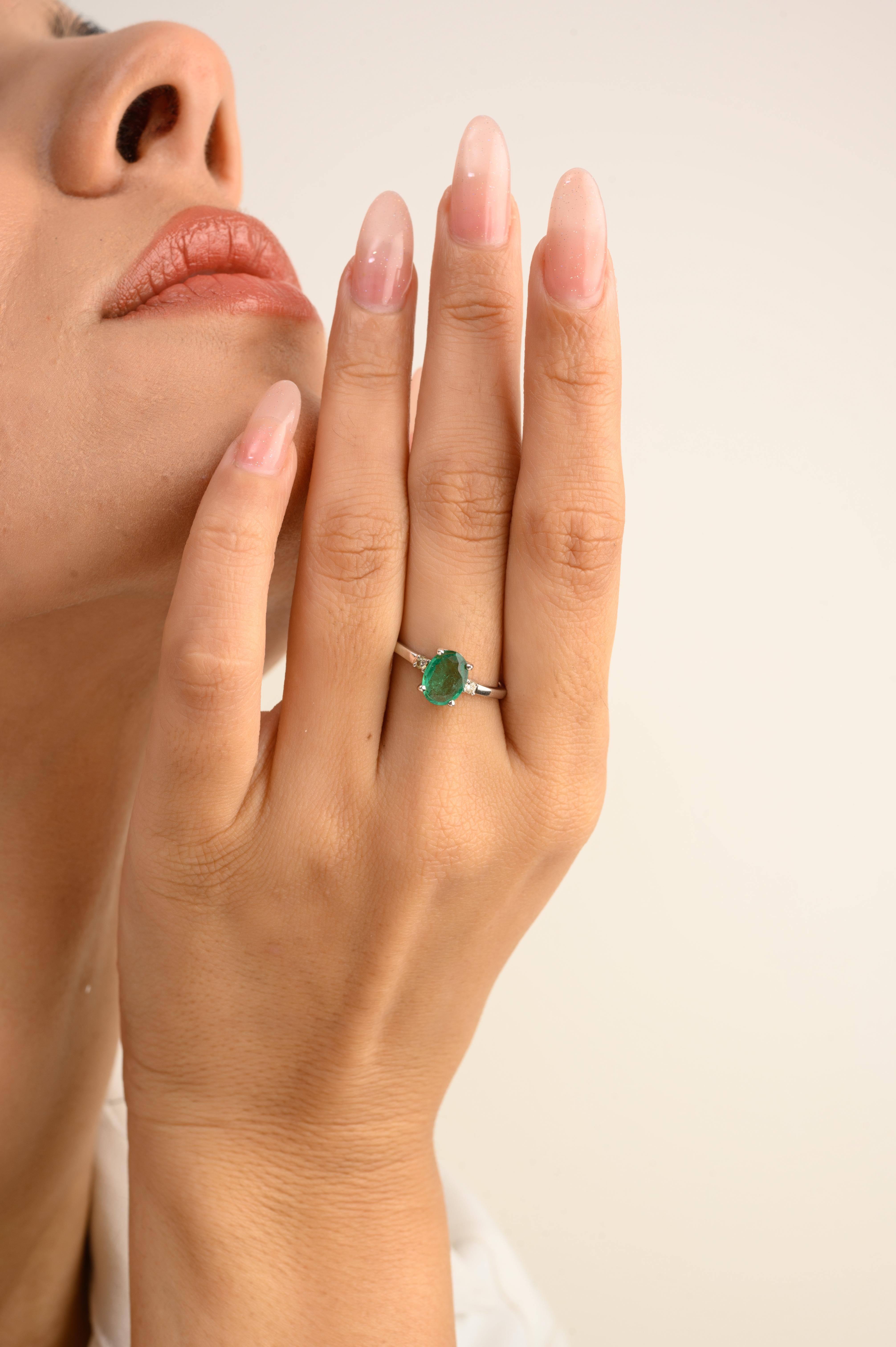Im Angebot: Real Emerald Birthstone und Diamant Solitär Ring in 14k Solid White Gold Geschenk () 5