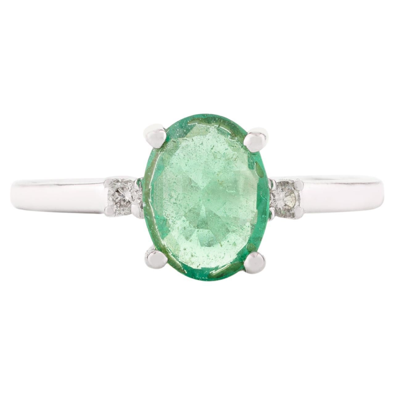 Real Emerald Birthstone and Diamond Solitaire Ring in 14k Solid White Gold Gift