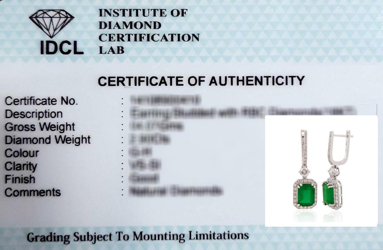 Women's Real Emerald Dangle Earrings 18k White Gold SI Clarity HI Color Diamond Jewelry For Sale