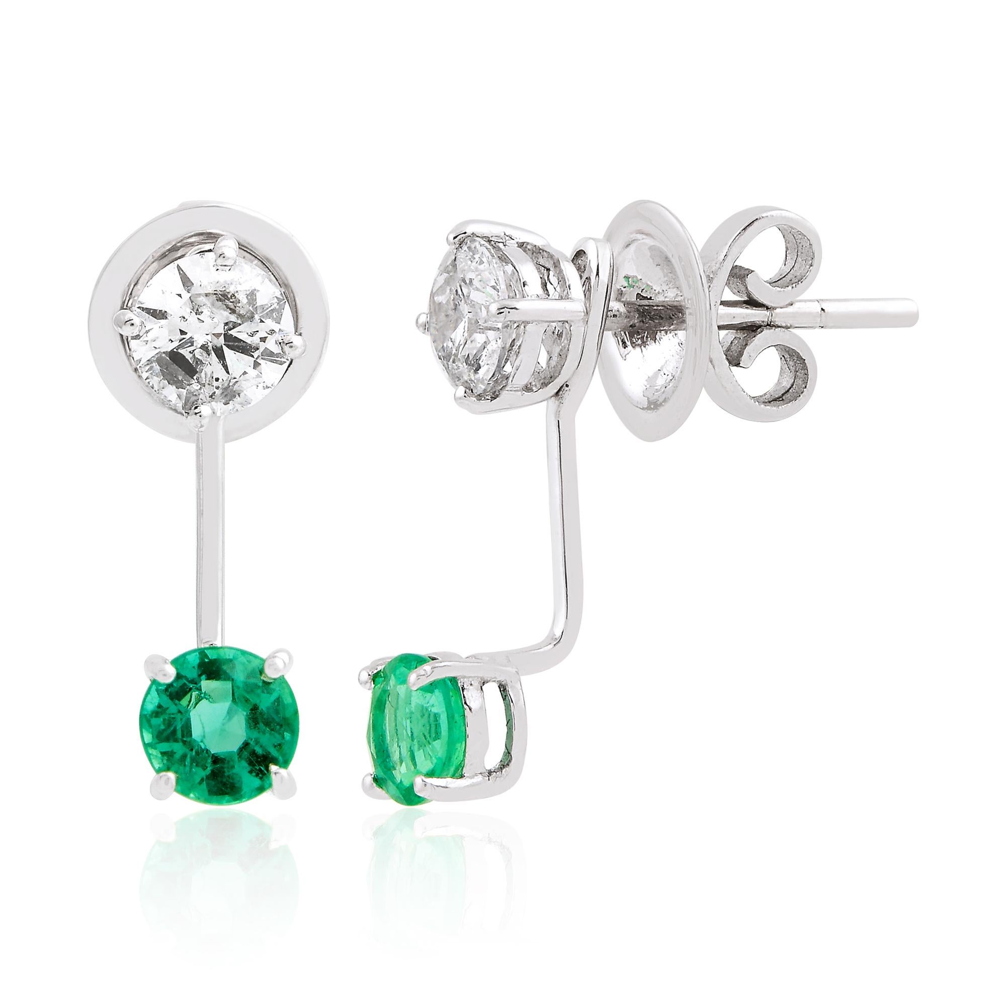 Modern Real Emerald Jacket Earrings SI Clarity HI Color Diamond 14k White Gold Jewelry For Sale