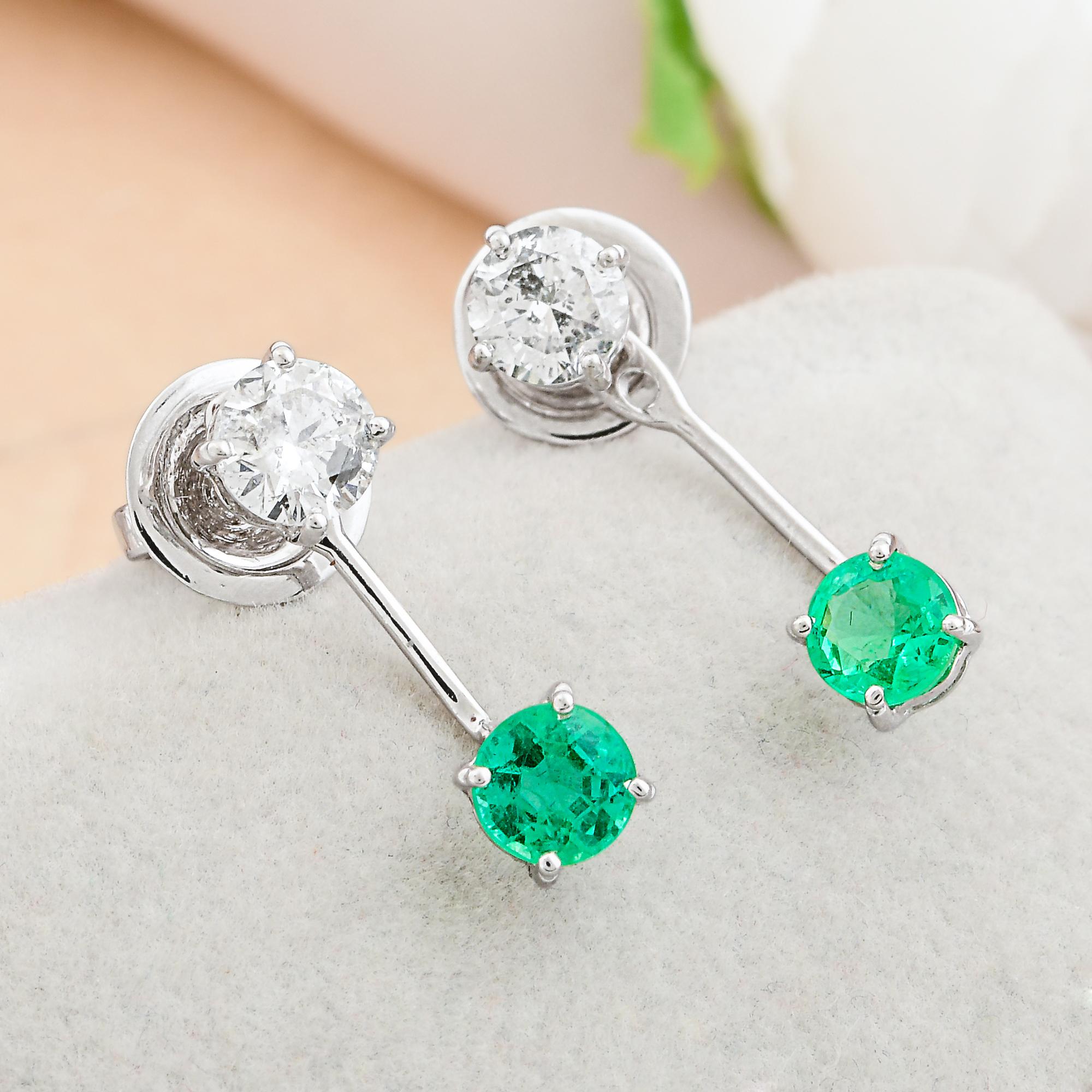 Round Cut Real Emerald Jacket Earrings SI Clarity HI Color Diamond 14k White Gold Jewelry For Sale
