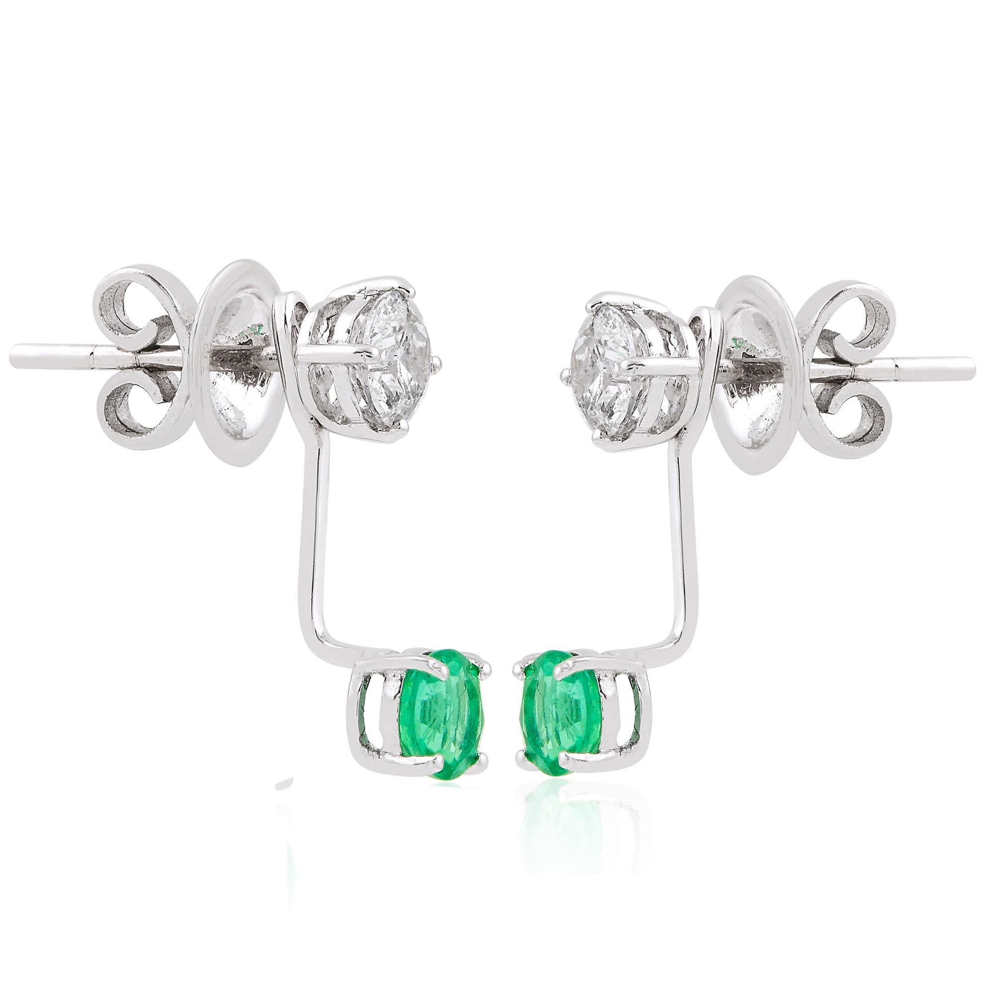 Real Emerald Jacket Earrings SI Clarity HI Color Diamond 14k White Gold Jewelry For Sale 1
