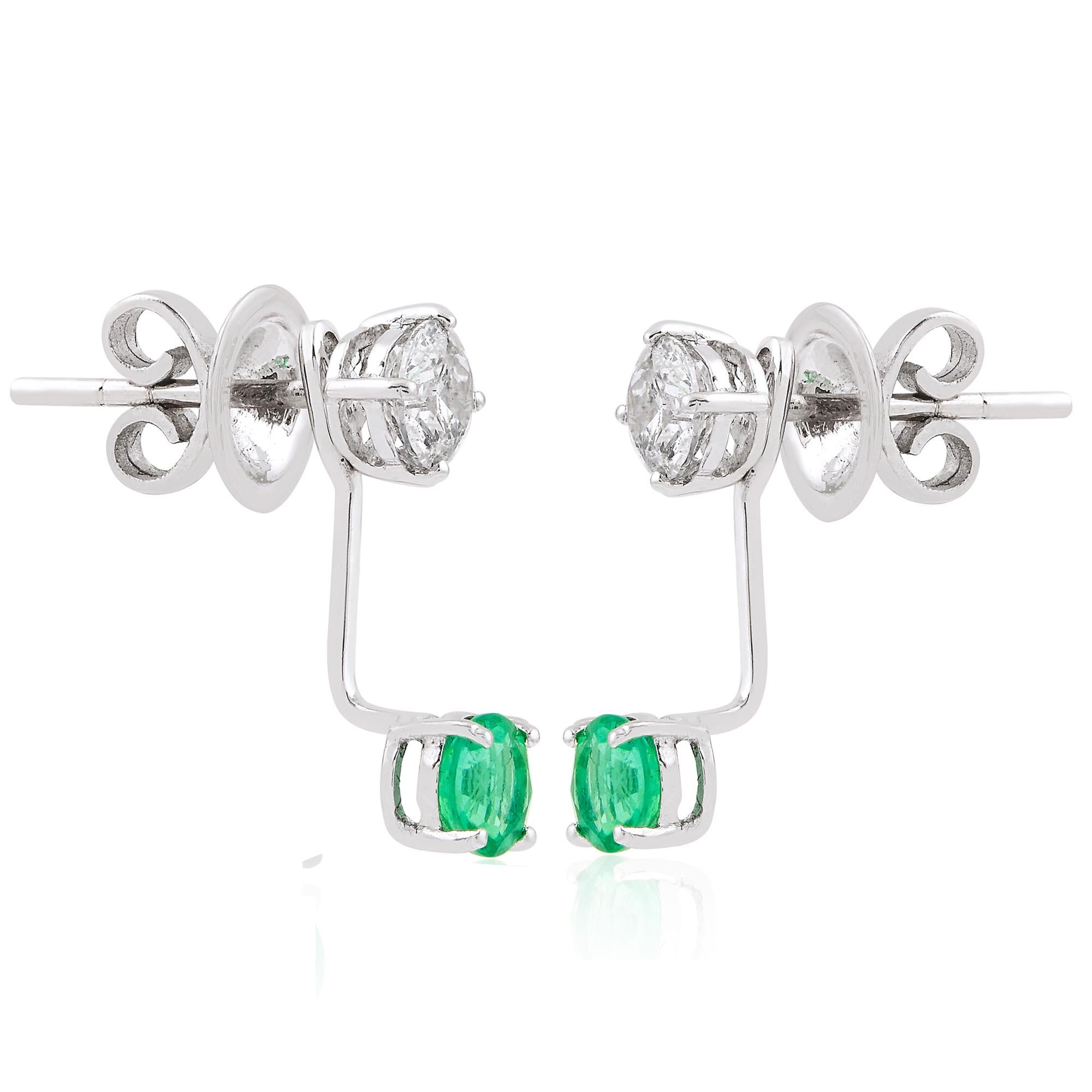 Modern Real Emerald Jacket Earrings SI Clarity HI Color Diamond 18k White Gold Jewelry For Sale