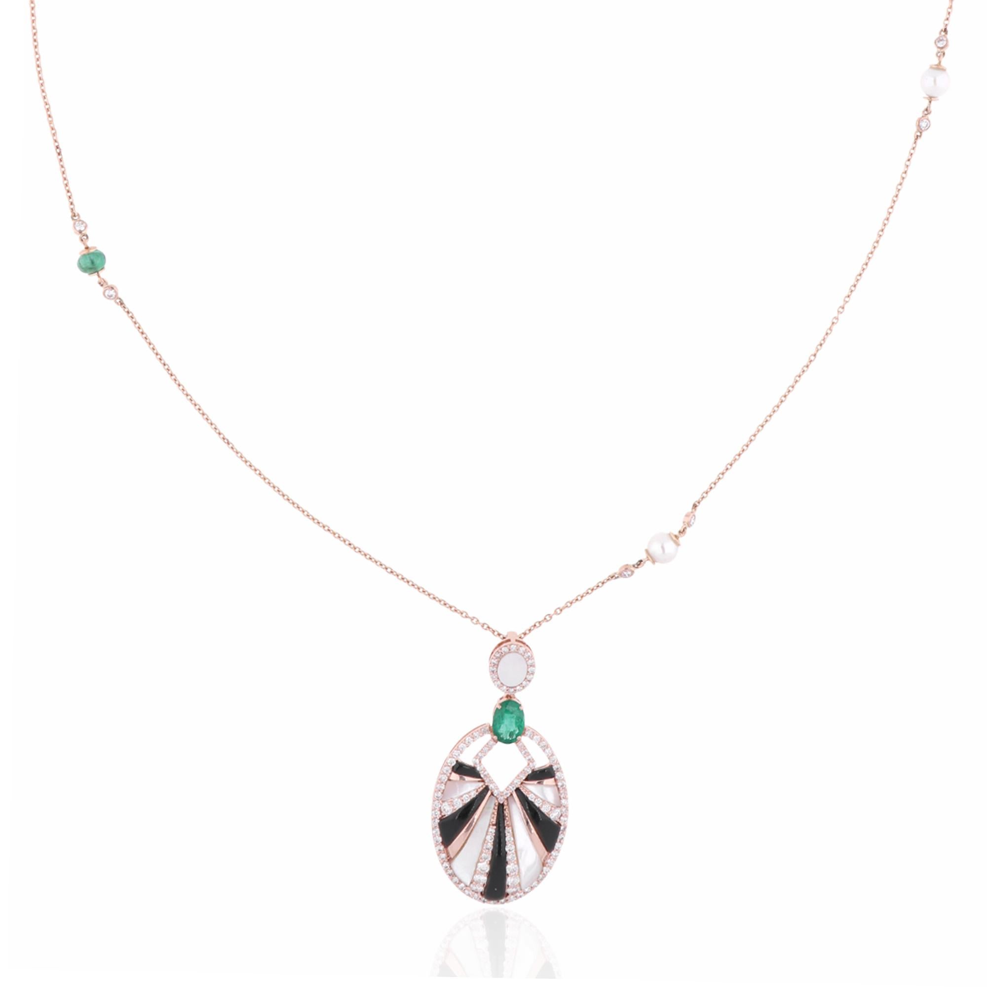 Treten Sie ein in eine Welt von unvergleichlichem Luxus und Eleganz mit unserer Echten Smaragd-Perlmutt-Edelstein-Anhänger-Diamant-Halskette, ein wahres Meisterwerk, das fesselt und verzaubert. Dieser exquisite Anhänger, der an einer schimmernden
