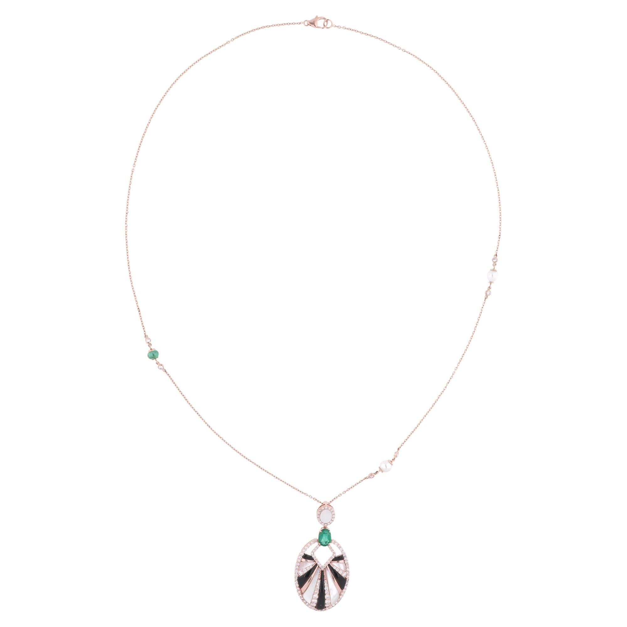 Real Emerald Mother Of Pearl Gemstone Pendant Diamond Necklace 14k Rose Gold