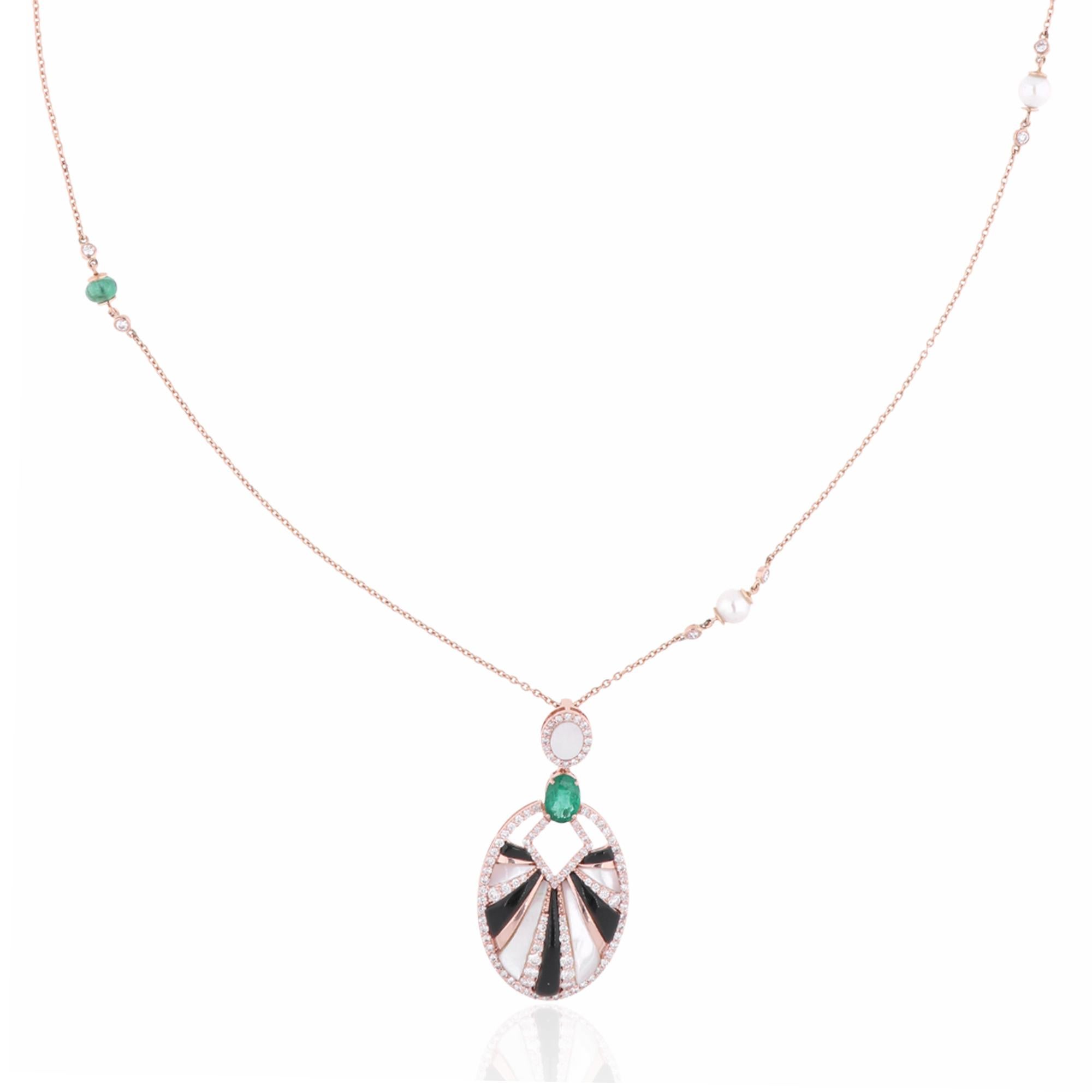 Step into a world of unparalleled luxury and elegance with our Real Emerald Mother of Pearl Gemstone Pendant Diamond Necklace, a true masterpiece crafted to captivate and enchant. Delicately suspended from a shimmering 18k Rose Gold chain, this
