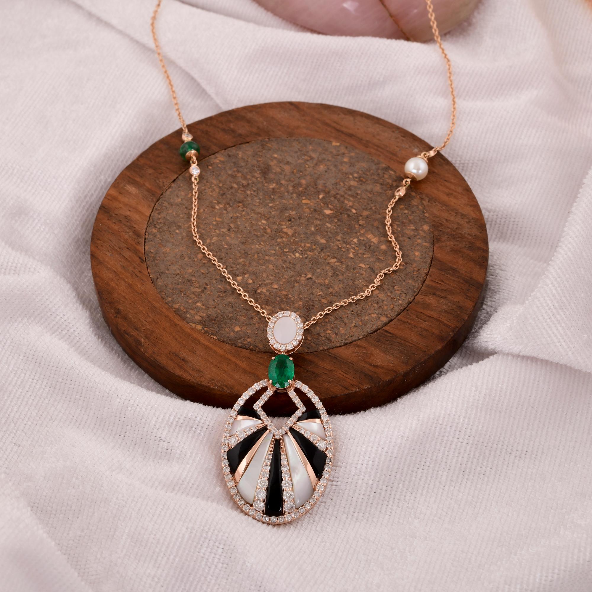 Modern Real Emerald Mother Of Pearl Gemstone Pendant Diamond Necklace 18k Rose Gold For Sale