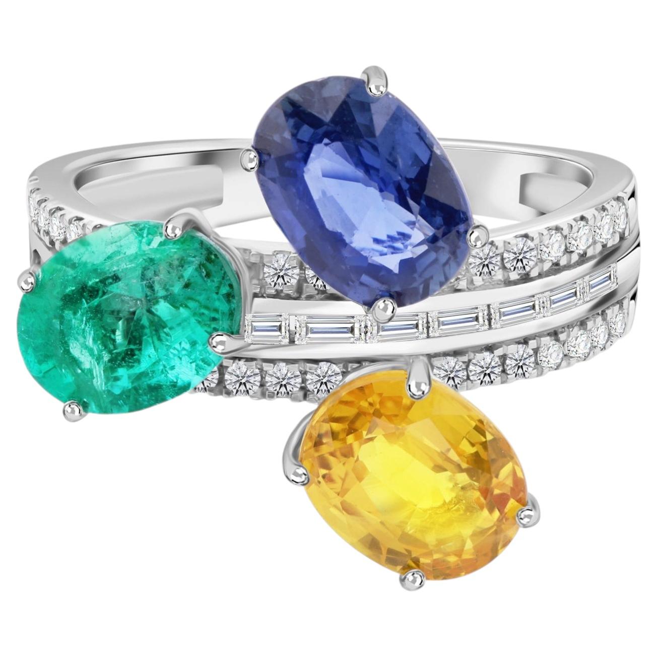 Real Emerald Yellow Sapphire Blue Sapphire SI/H Diamond Ring 18 Karat White Gold