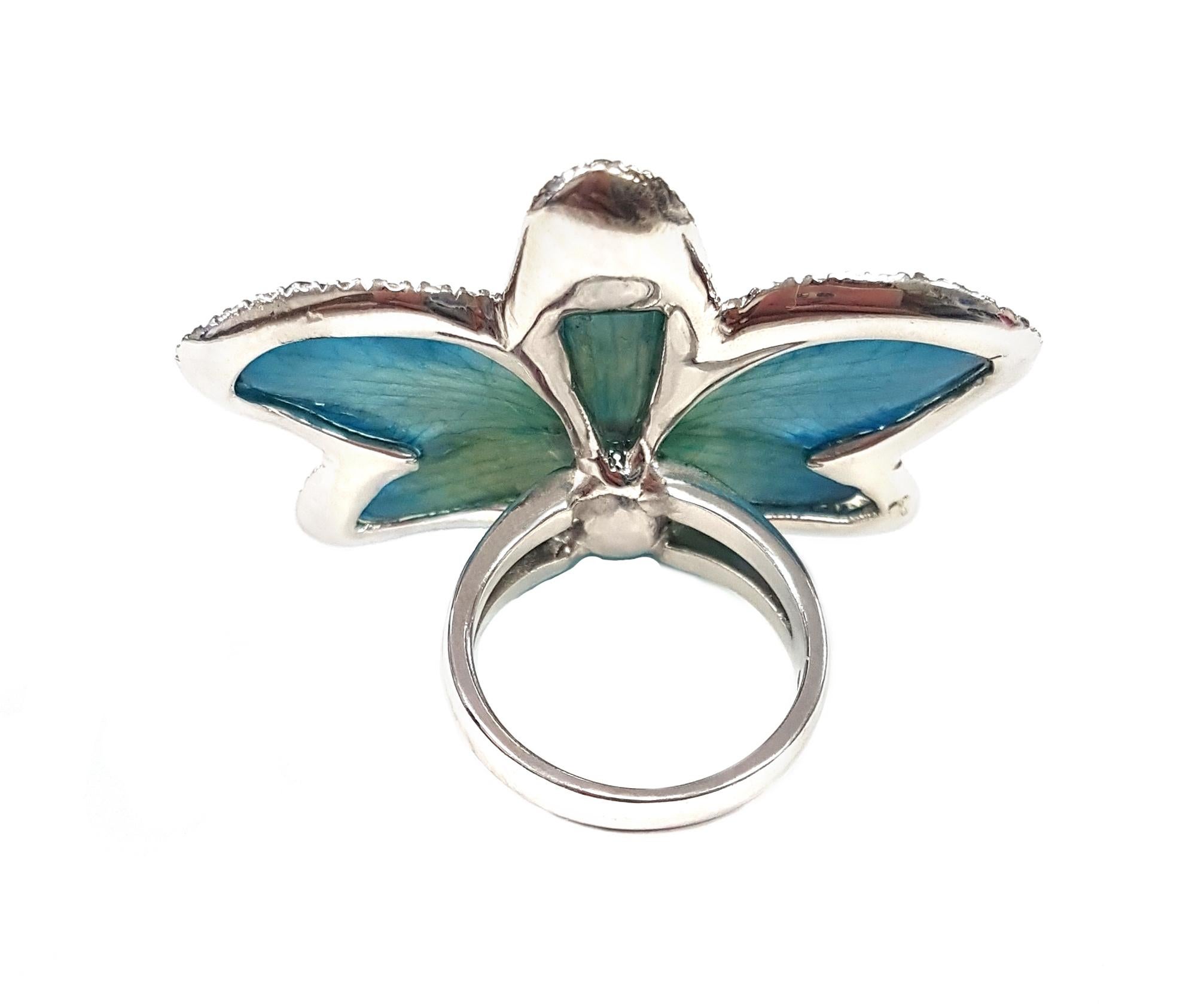 Contemporary Real Flower with Zircon Dragonfly and 925 Silver Cocktail Ring